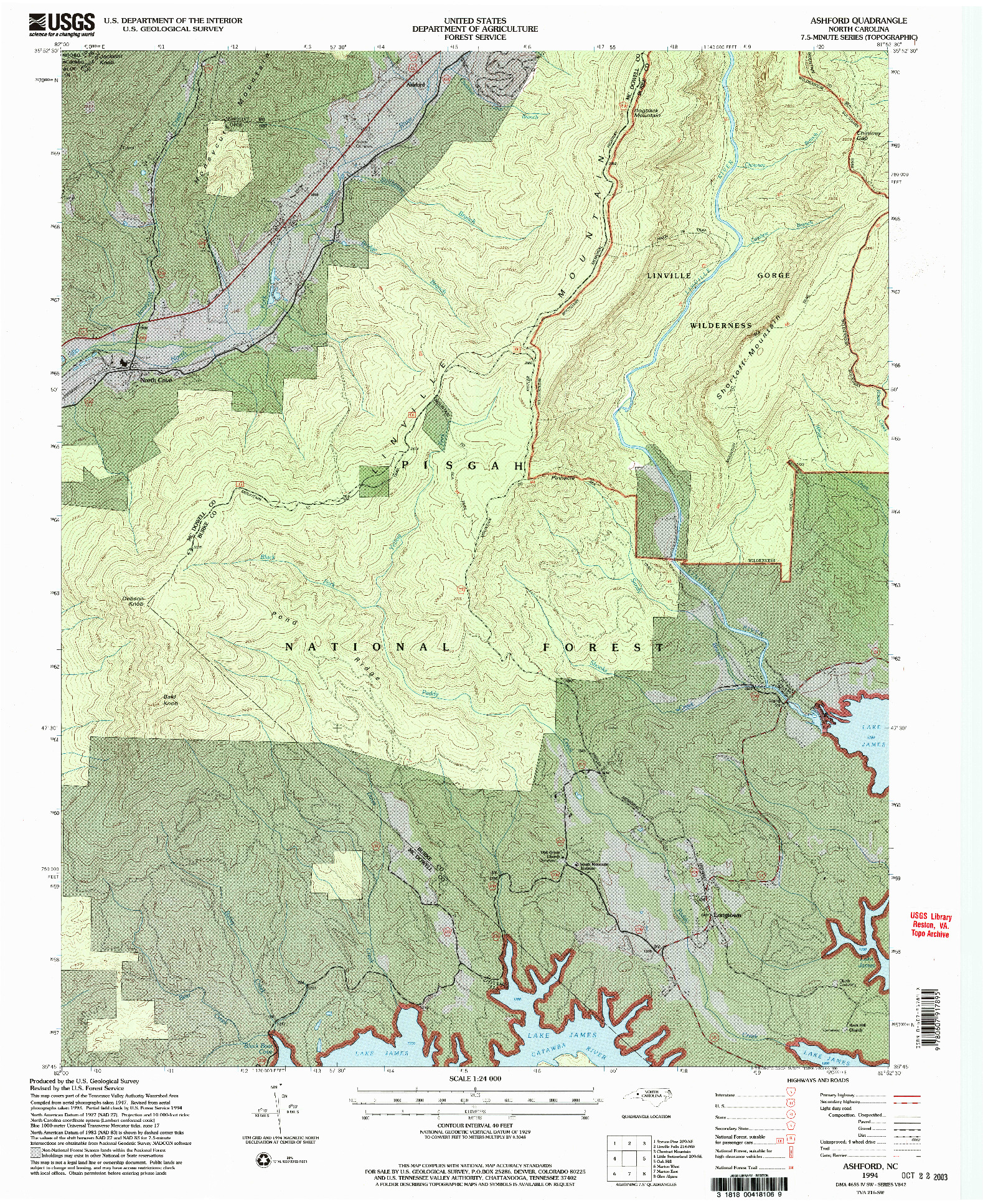 USGS 1:24000-SCALE QUADRANGLE FOR ASHFORD, NC 1994