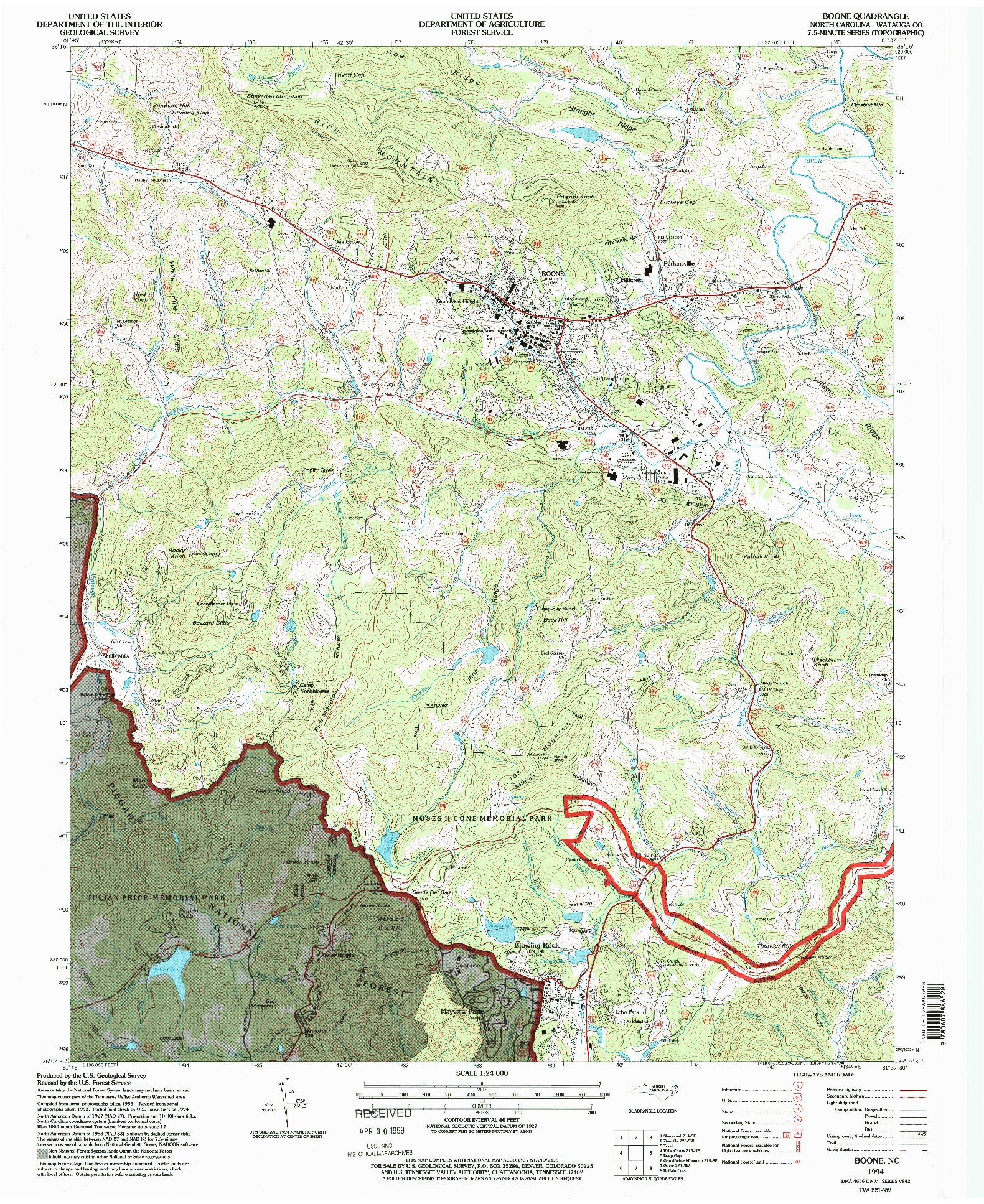 USGS 1:24000-SCALE QUADRANGLE FOR BOONE, NC 1994