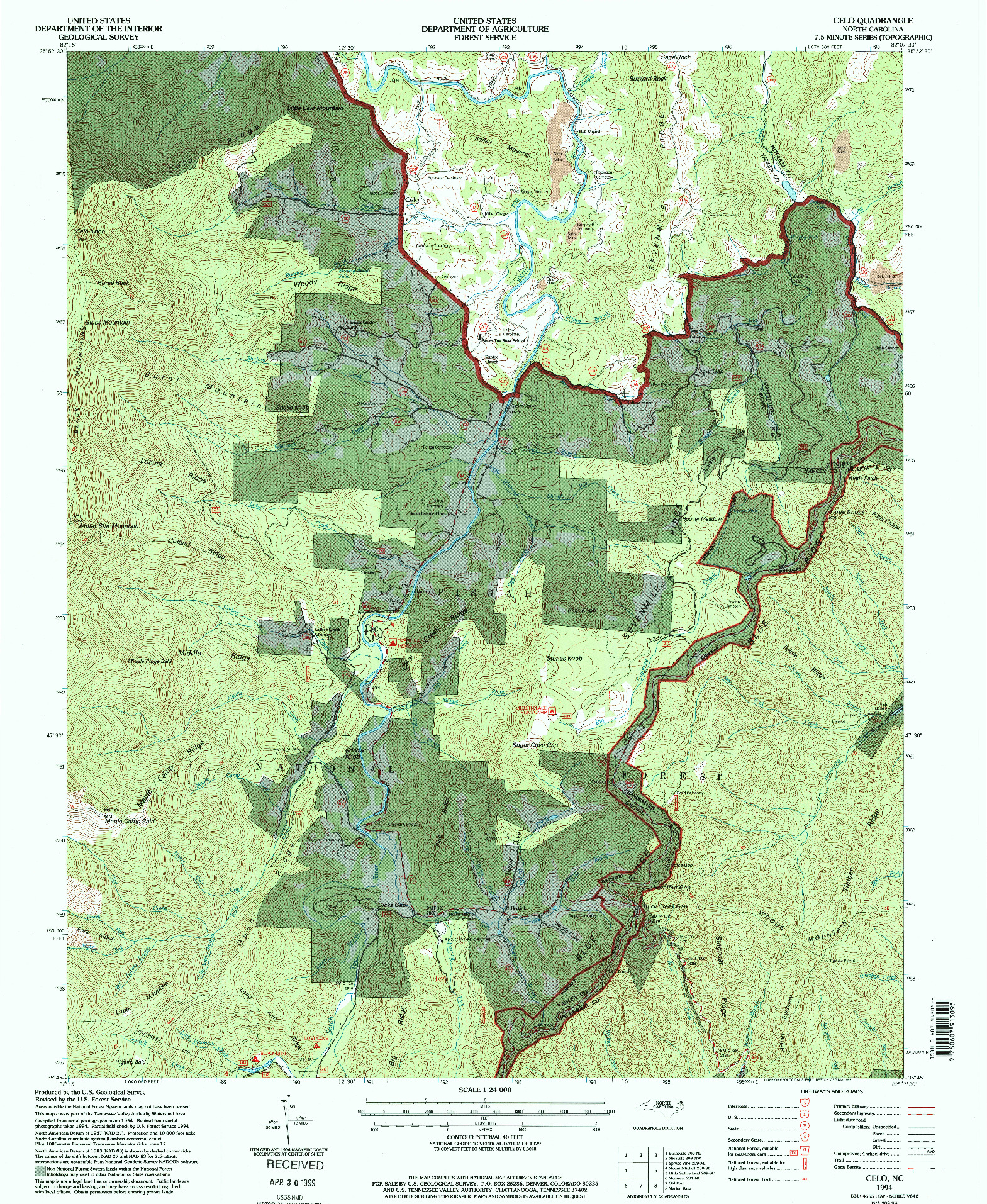 USGS 1:24000-SCALE QUADRANGLE FOR CELO, NC 1994