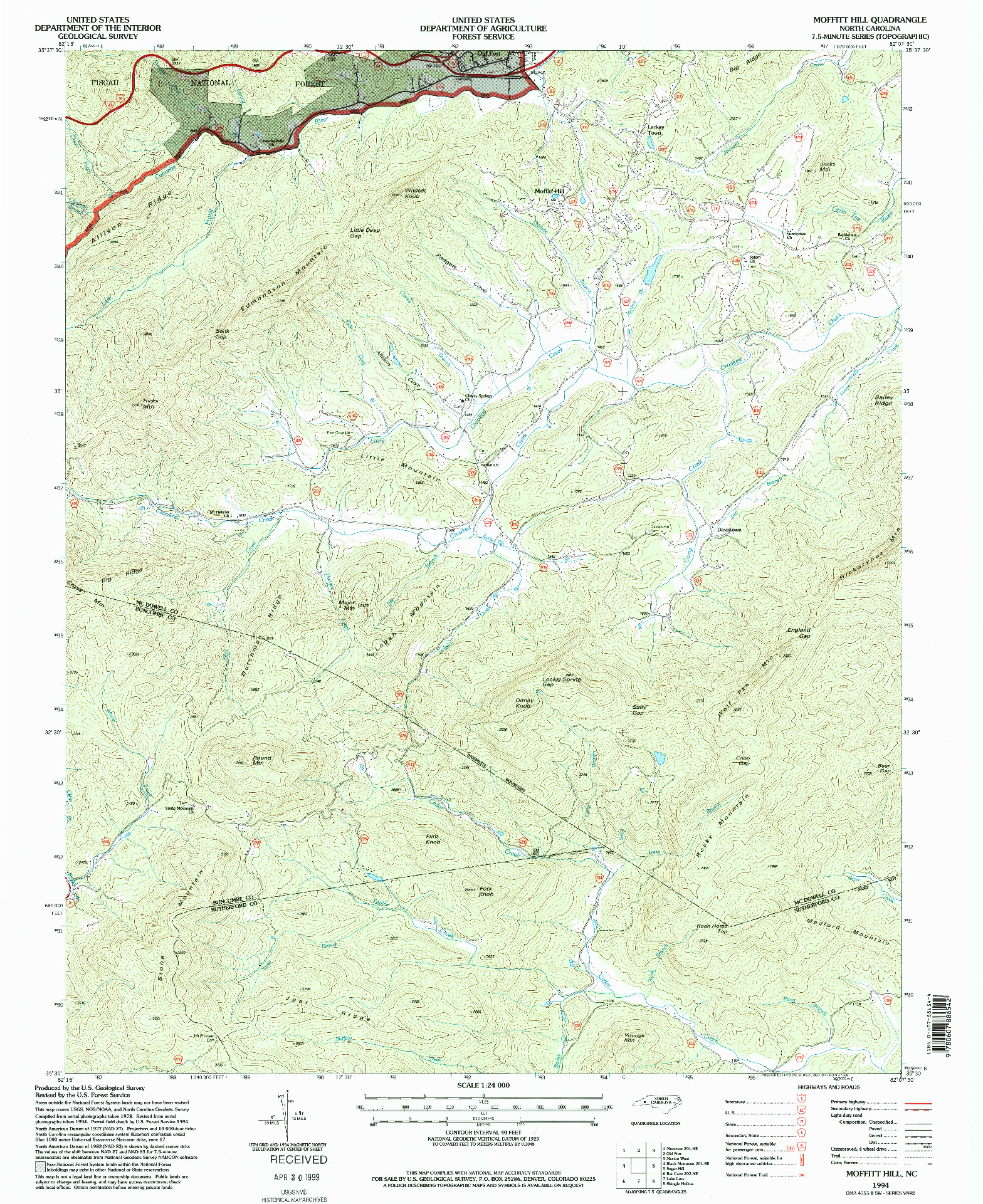 USGS 1:24000-SCALE QUADRANGLE FOR MOFFITT HILL, NC 1994