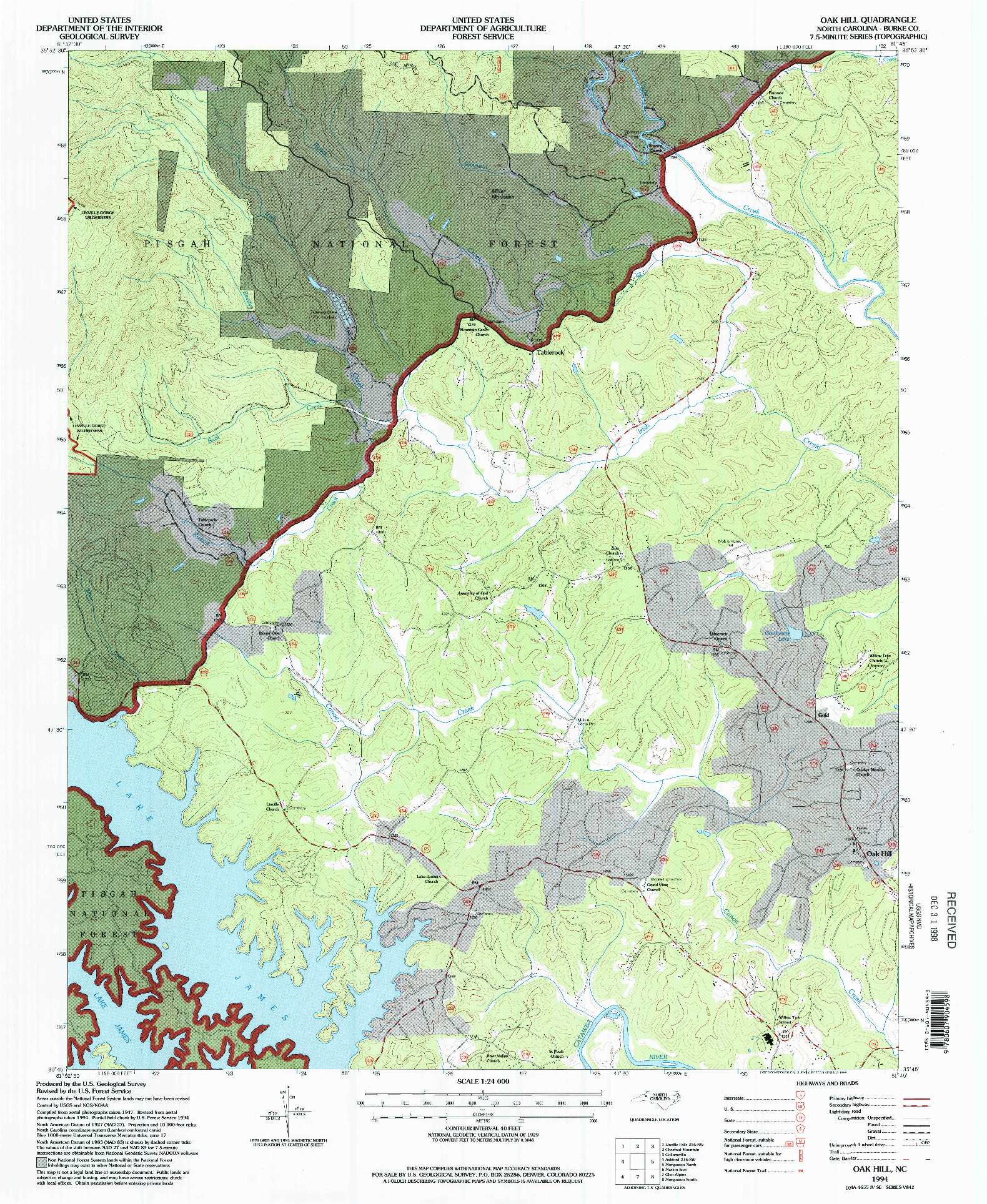 USGS 1:24000-SCALE QUADRANGLE FOR OAK HILL, NC 1994