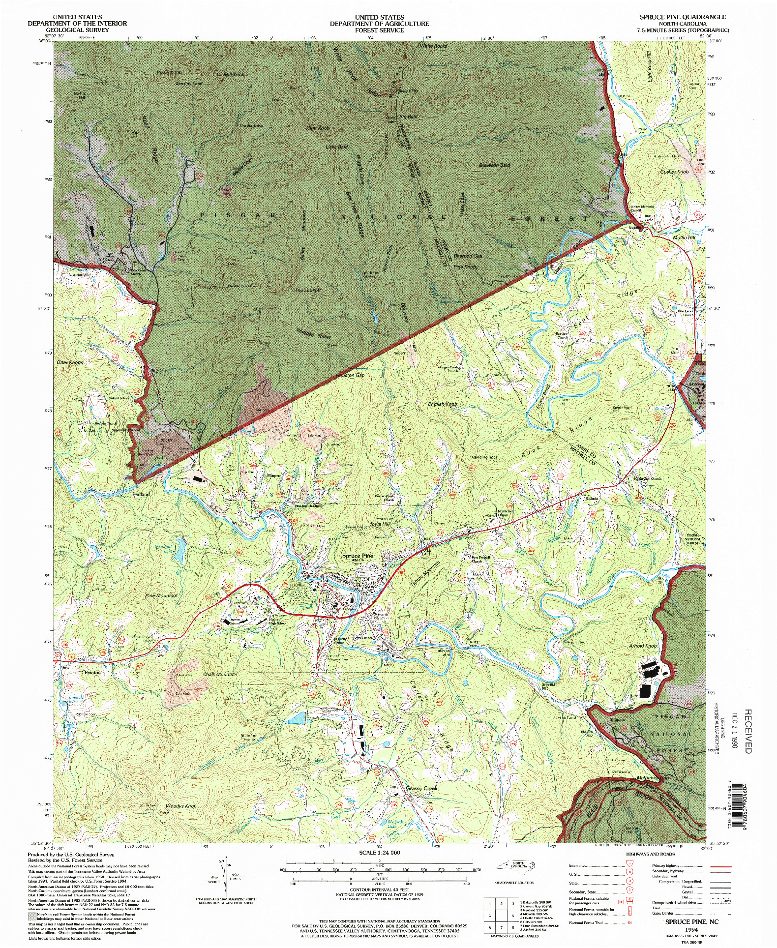 USGS 1:24000-SCALE QUADRANGLE FOR SPRUCE PINE, NC 1994