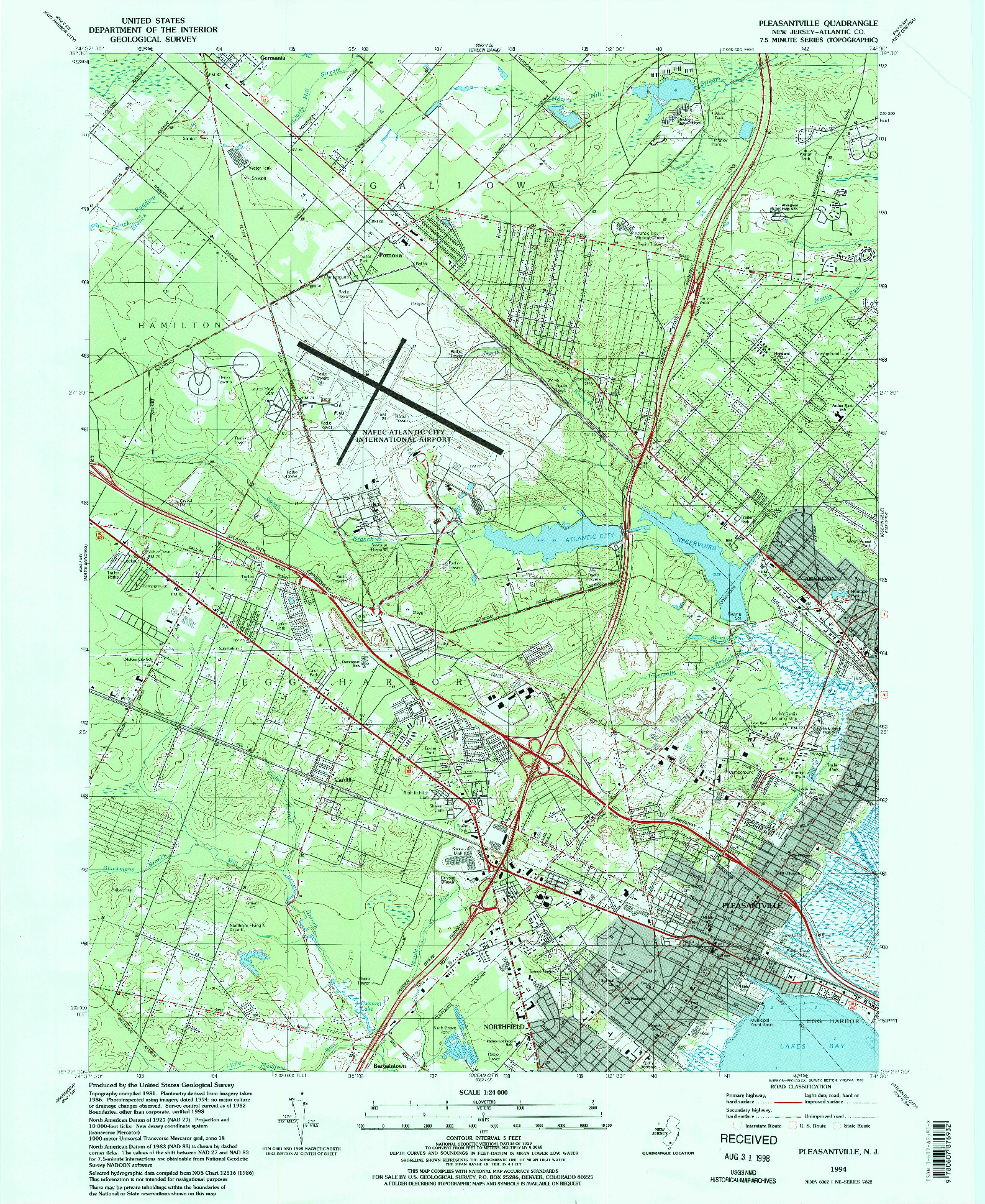 USGS 1:24000-SCALE QUADRANGLE FOR PLEASANTVILLE, NJ 1994