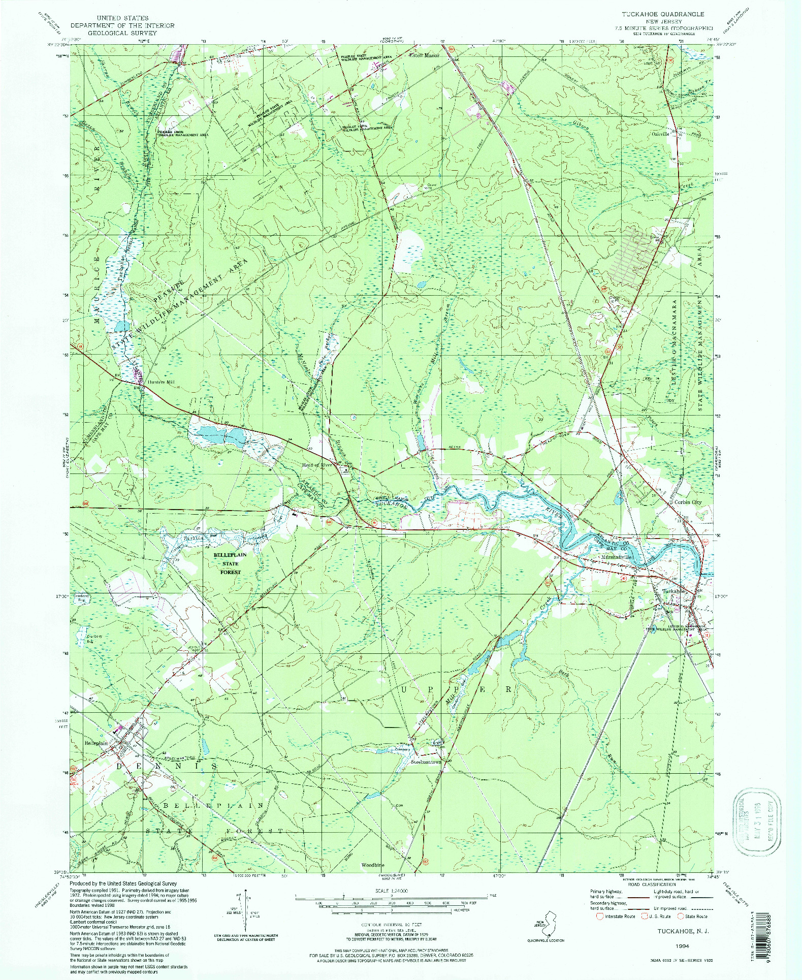 USGS 1:24000-SCALE QUADRANGLE FOR TUCKAHOE, NJ 1994