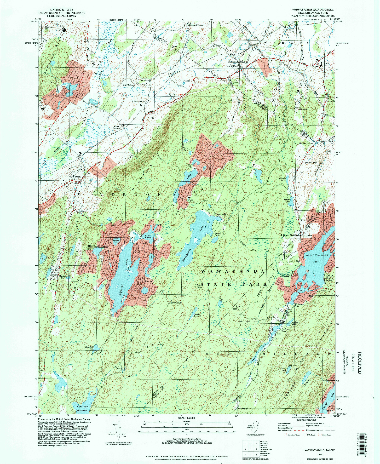 USGS 1:24000-SCALE QUADRANGLE FOR WAWAYANDA, NJ 1994