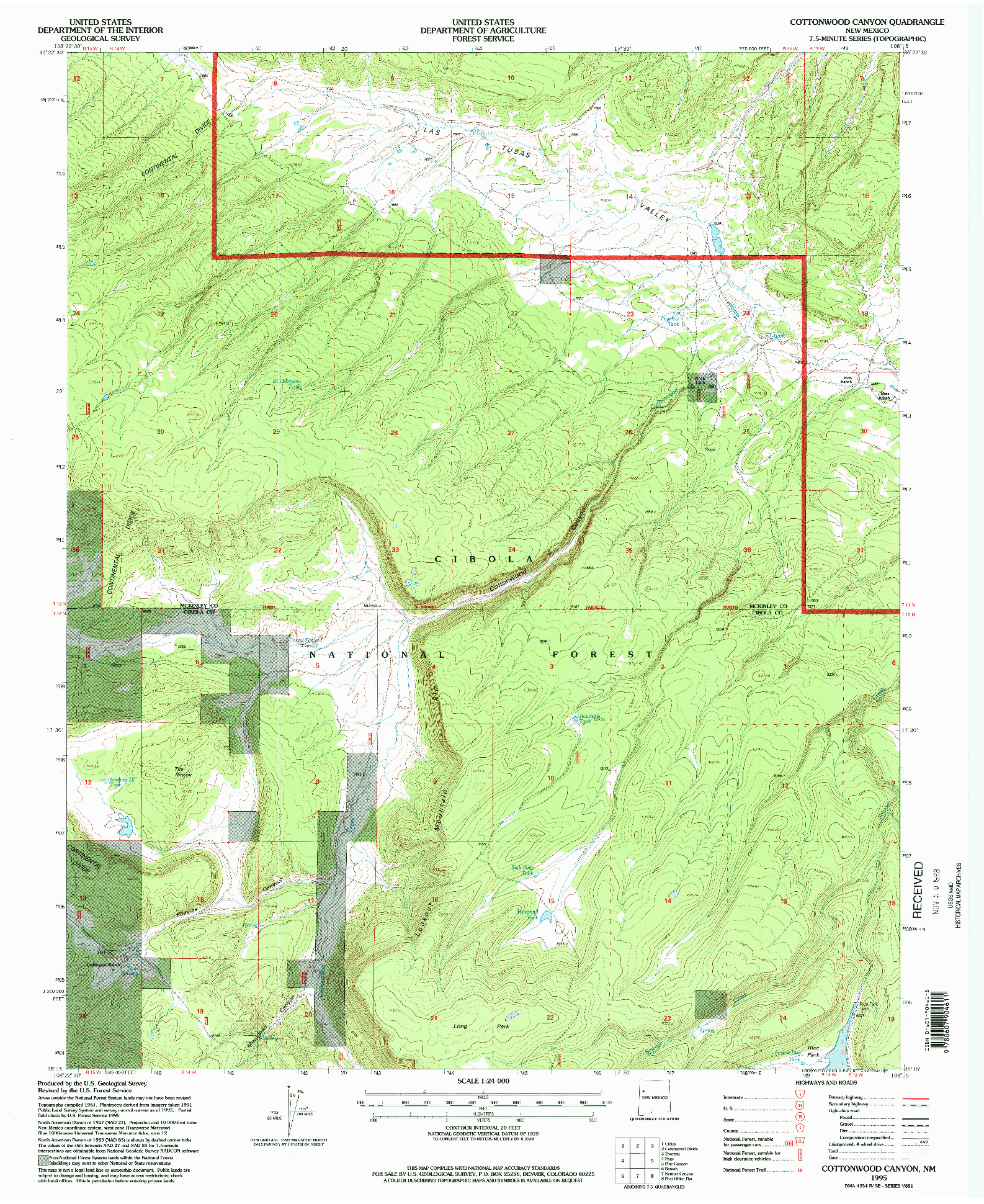 USGS 1:24000-SCALE QUADRANGLE FOR COTTONWOOD CANYON, NM 1995