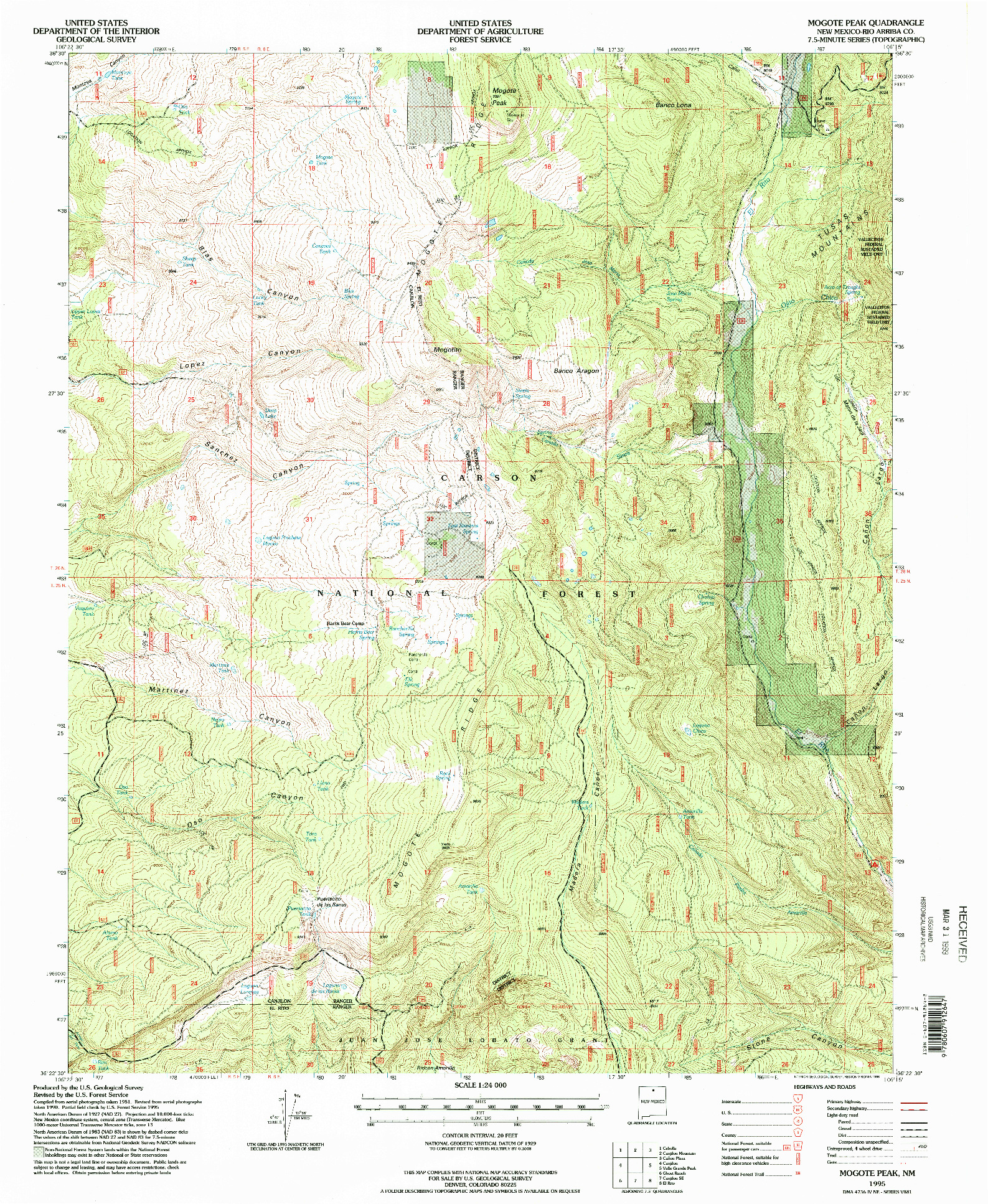 USGS 1:24000-SCALE QUADRANGLE FOR MOGOTE PEAK, NM 1995