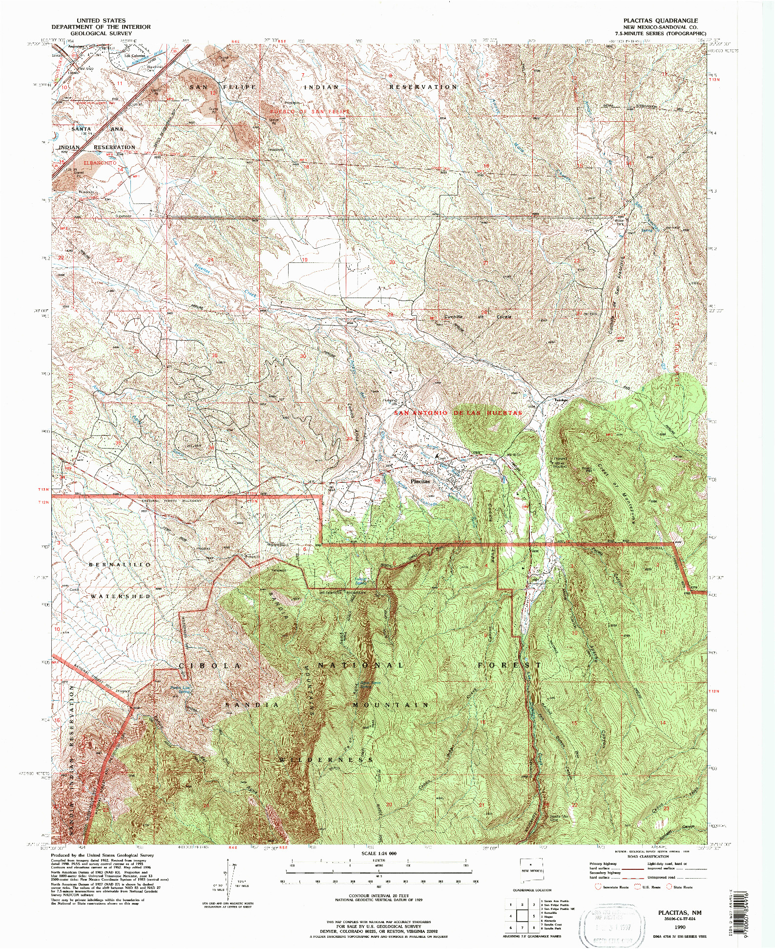 USGS 1:24000-SCALE QUADRANGLE FOR PLACITAS, NM 1990