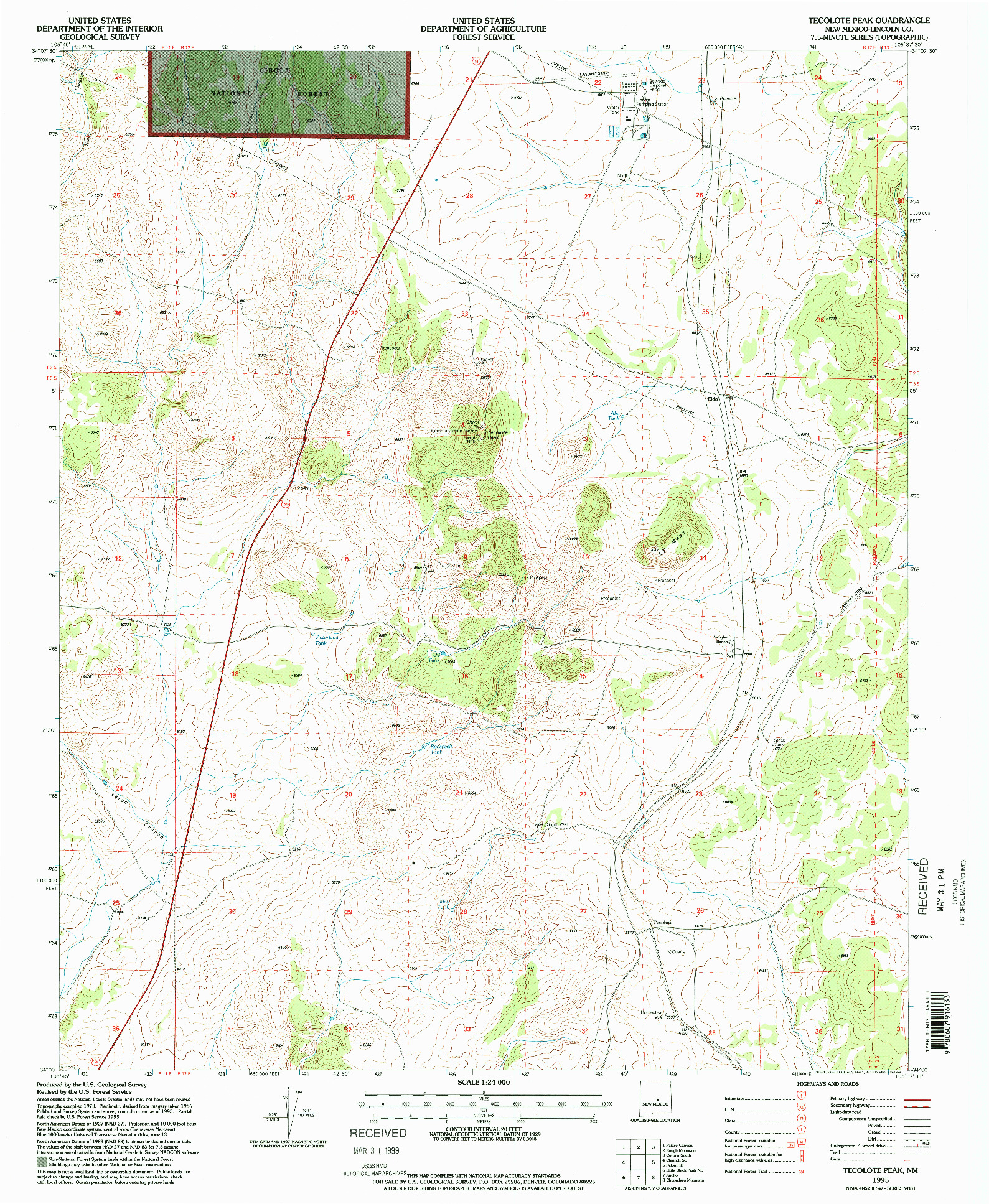 USGS 1:24000-SCALE QUADRANGLE FOR TECOLOTE PEAK, NM 1995