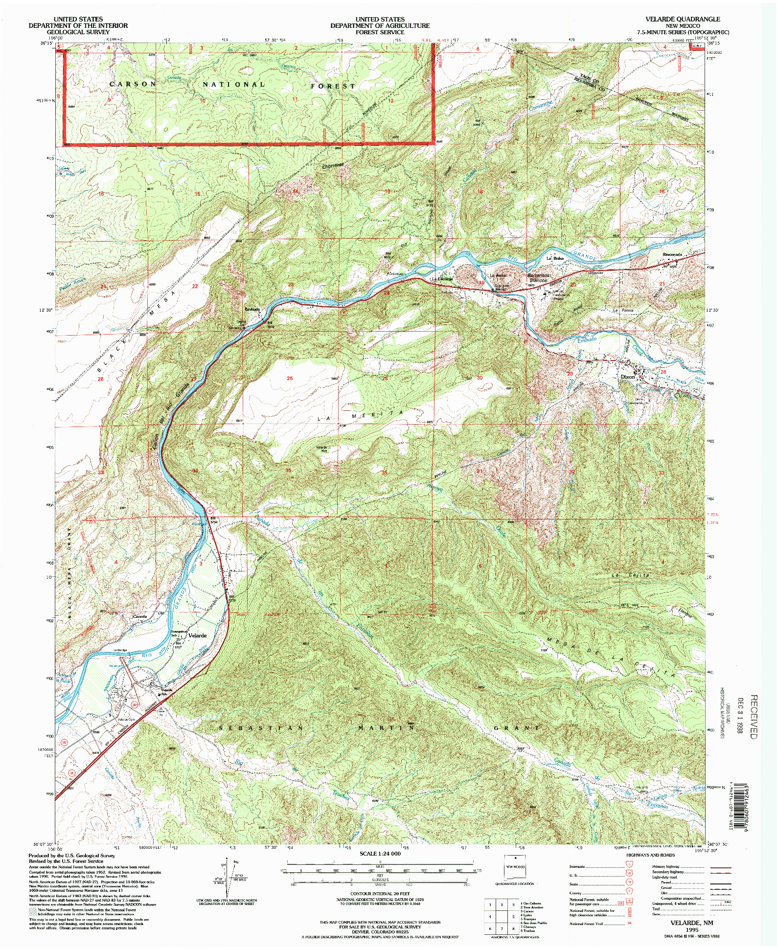 USGS 1:24000-SCALE QUADRANGLE FOR VELARDE, NM 1995