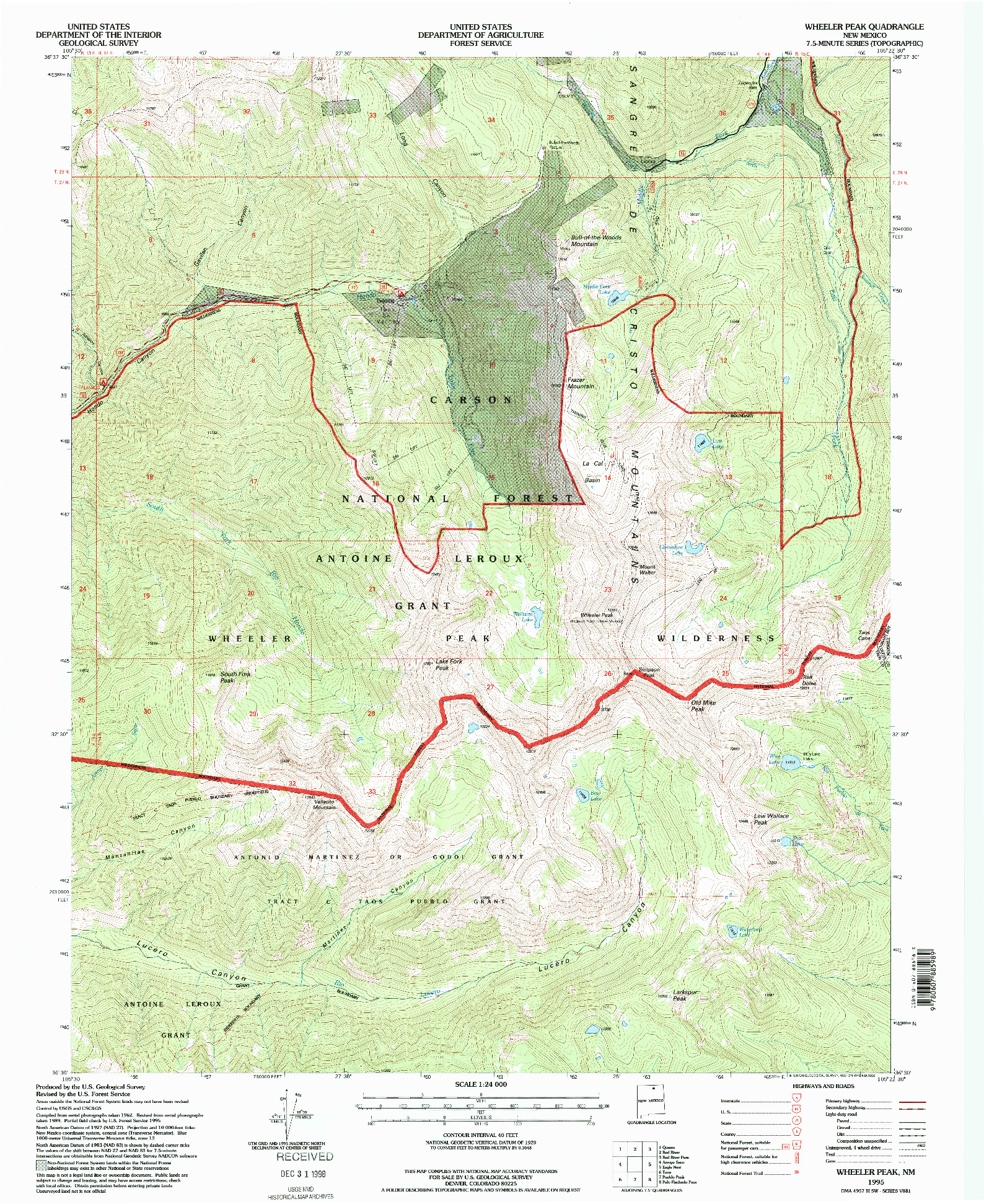 USGS 1:24000-SCALE QUADRANGLE FOR WHEELER PEAK, NM 1995