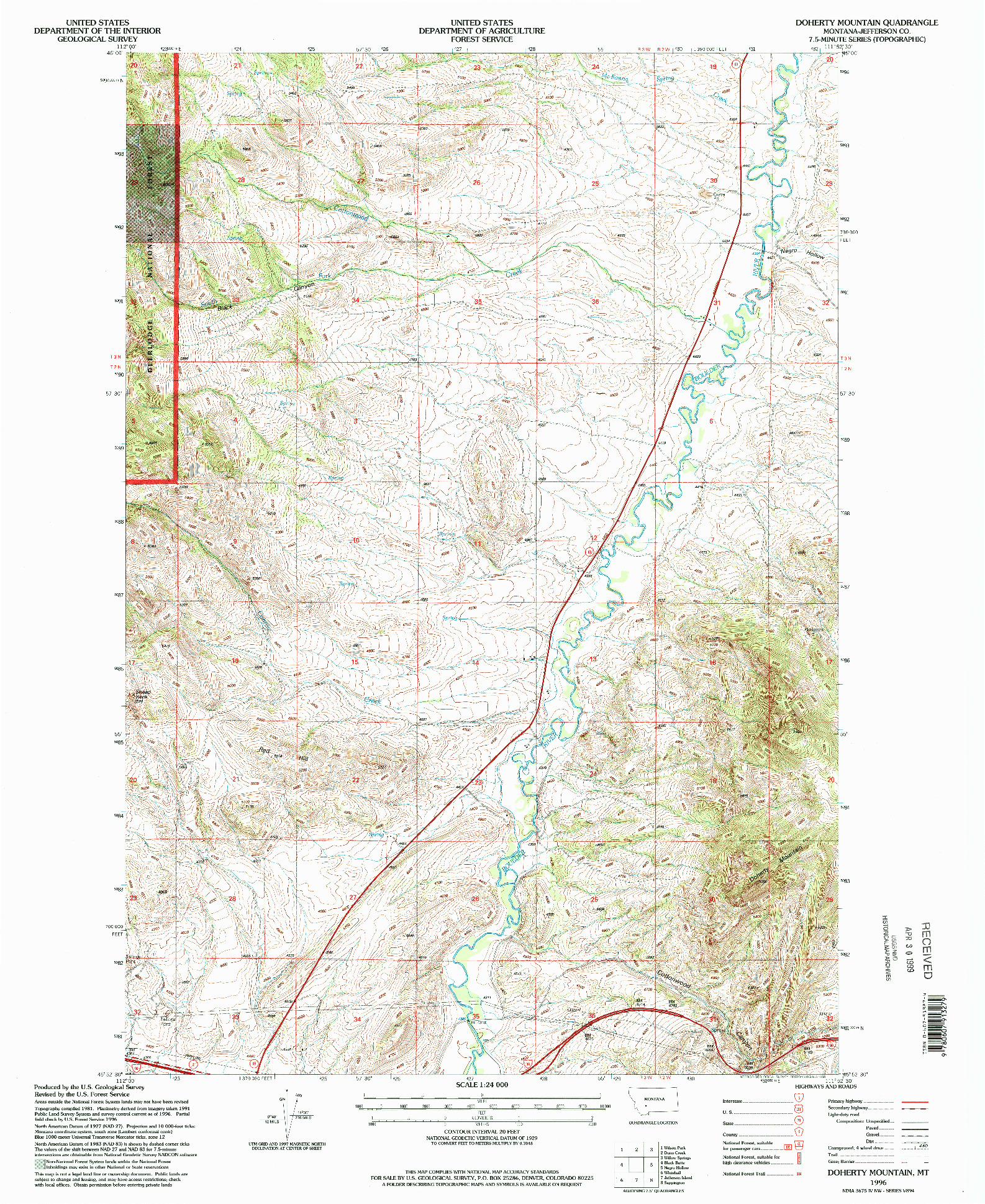 USGS 1:24000-SCALE QUADRANGLE FOR DOHERTY MOUNTAIN, MT 1996