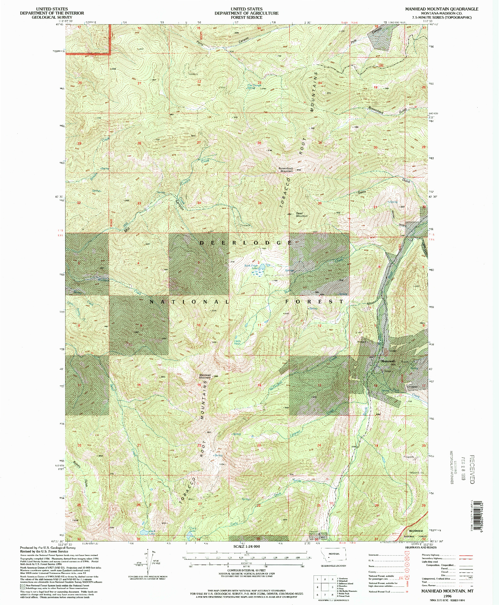 USGS 1:24000-SCALE QUADRANGLE FOR MANHEAD MOUNTAIN, MT 1996