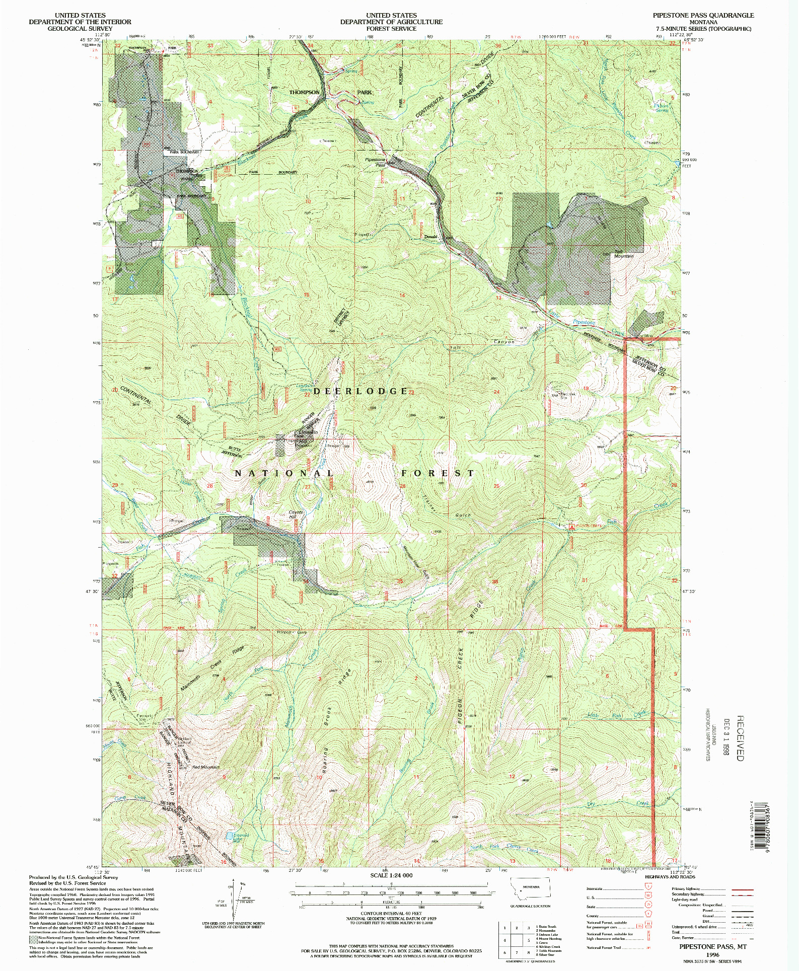 USGS 1:24000-SCALE QUADRANGLE FOR PIPESTONE PASS, MT 1996