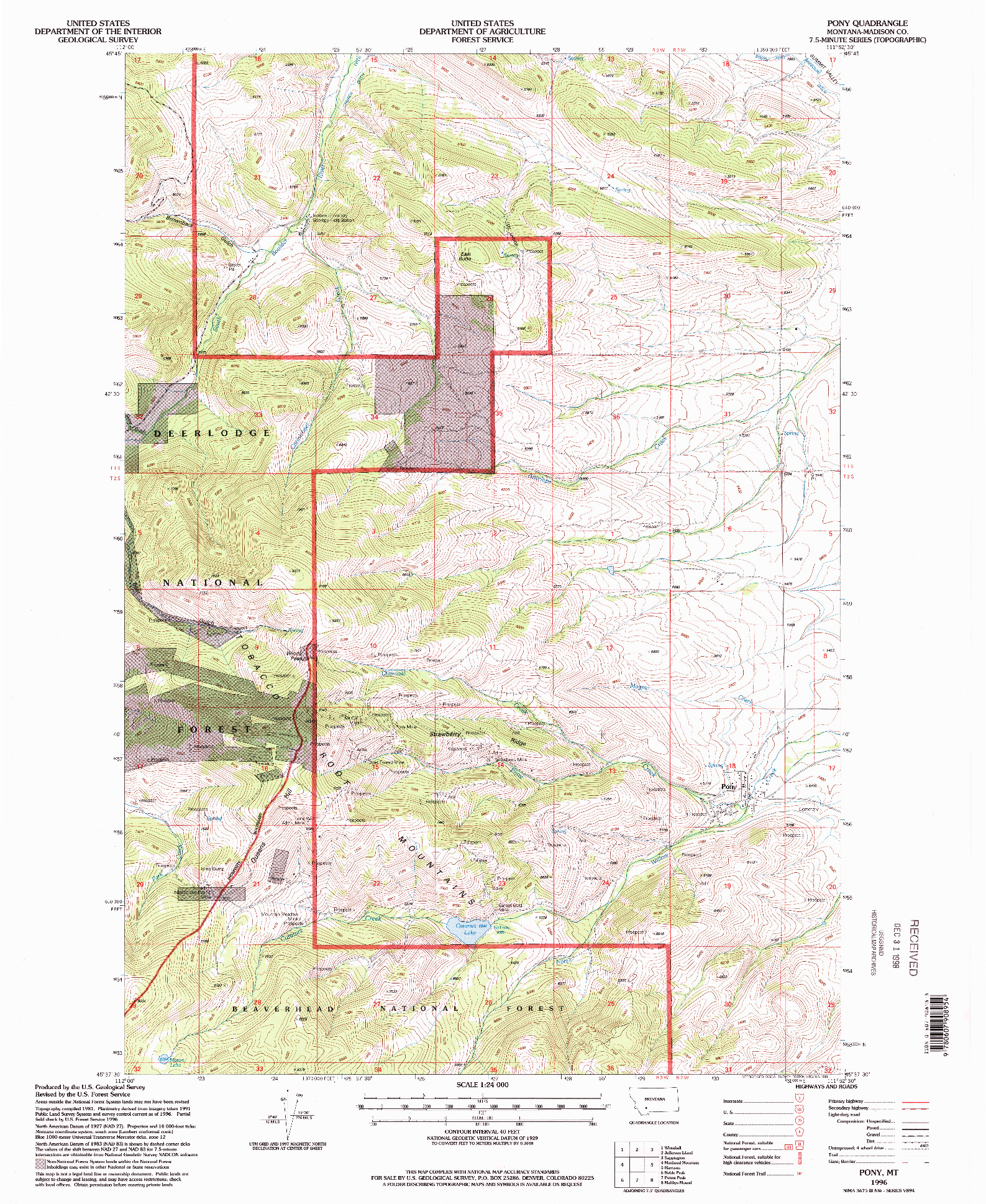 USGS 1:24000-SCALE QUADRANGLE FOR PONY, MT 1996