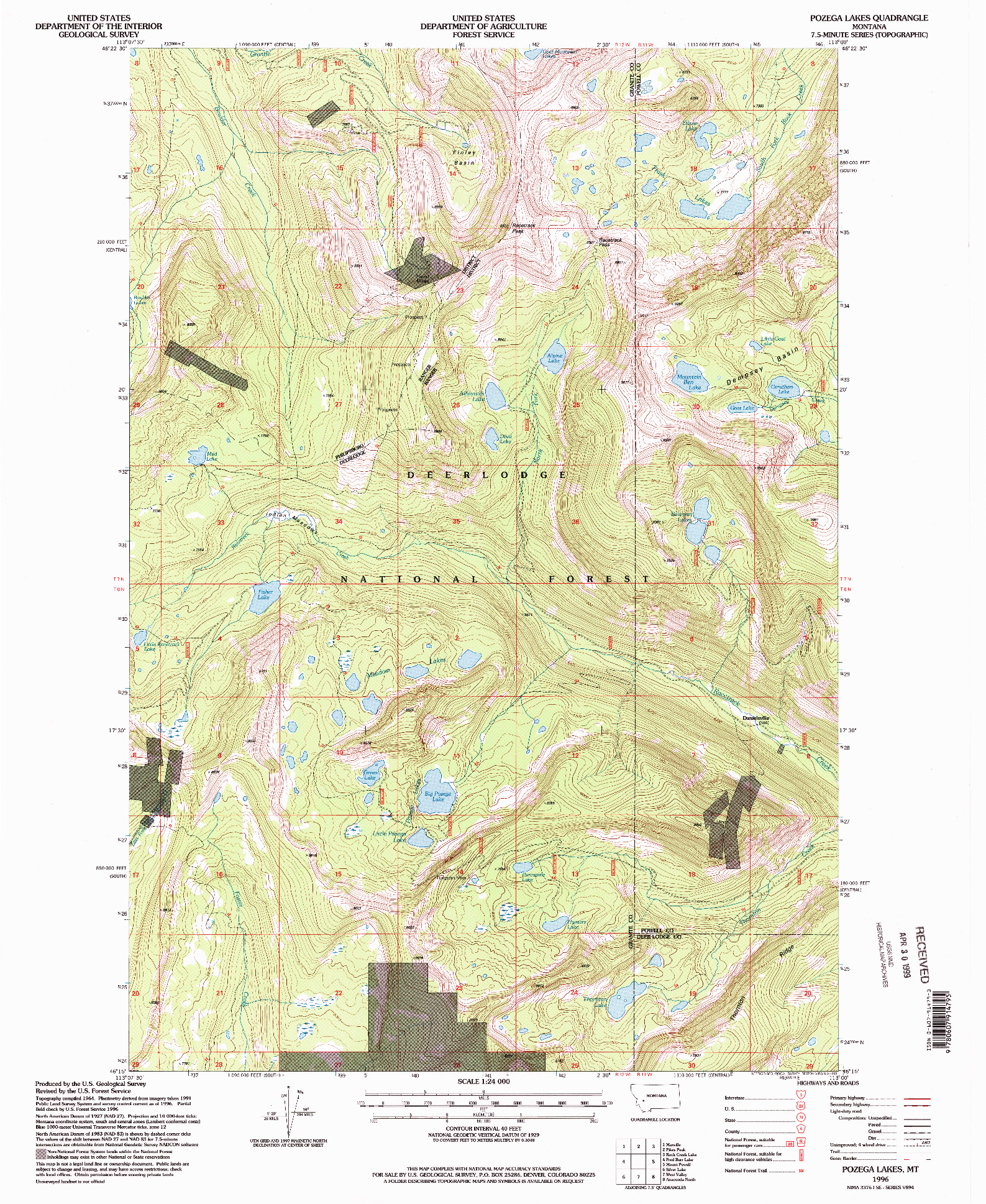 USGS 1:24000-SCALE QUADRANGLE FOR POZEGA LAKES, MT 1996