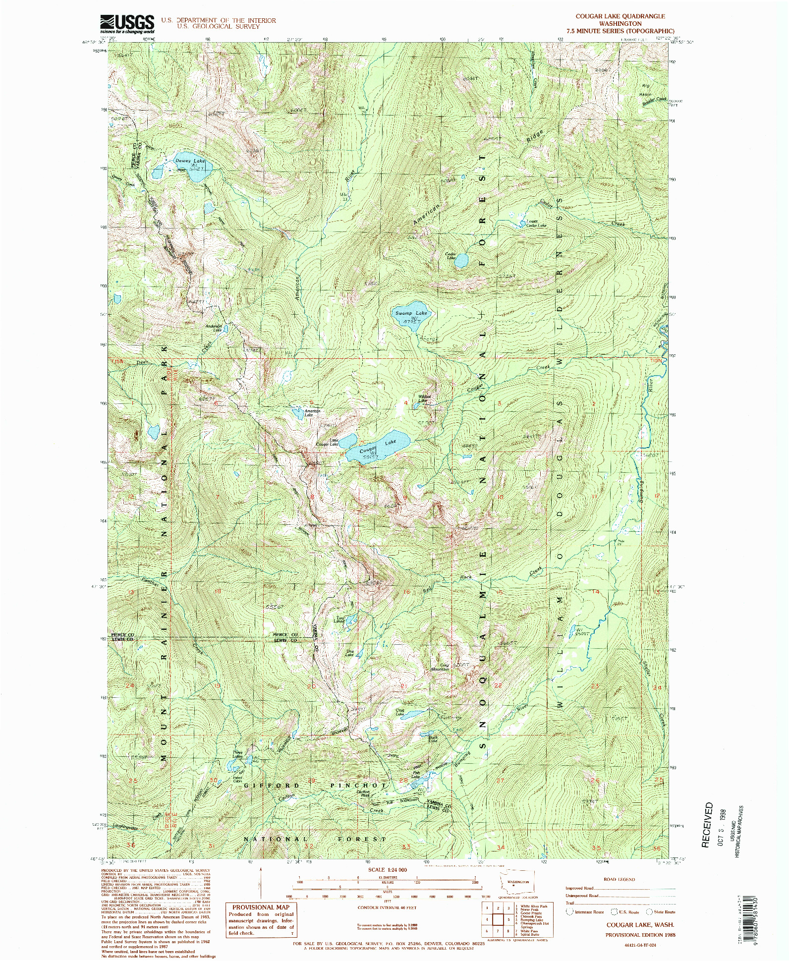 USGS 1:24000-SCALE QUADRANGLE FOR COUGAR LAKE, WA 1988