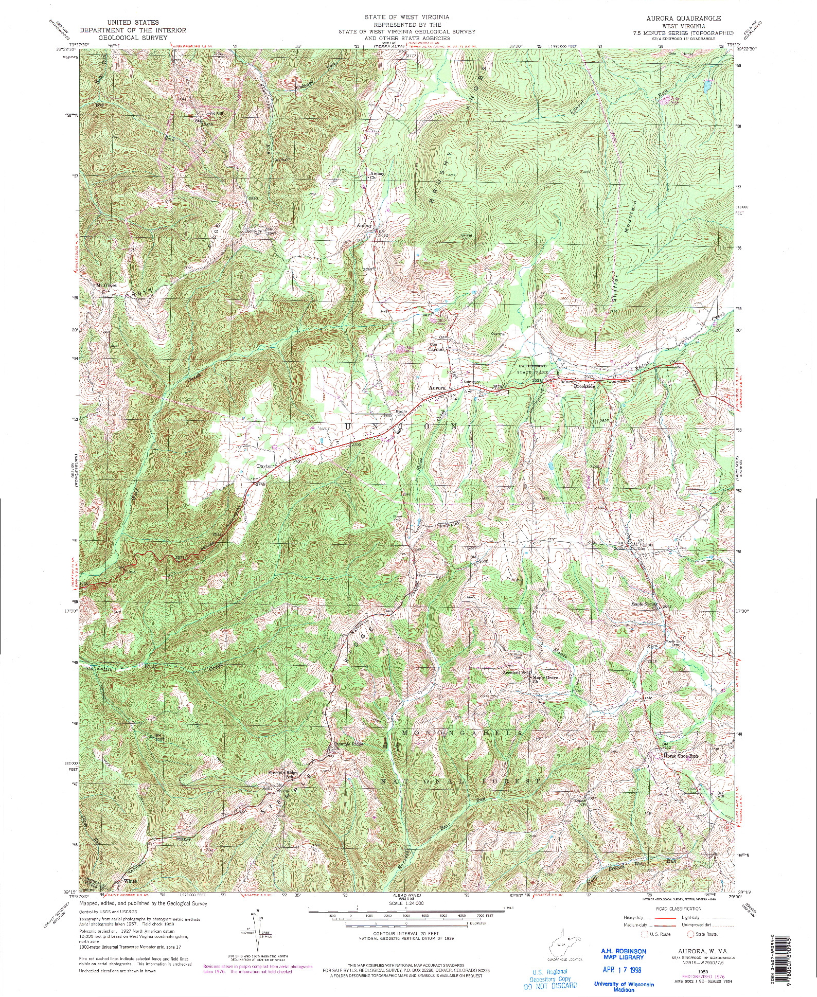 USGS 1:24000-SCALE QUADRANGLE FOR AURORA, WV 1959