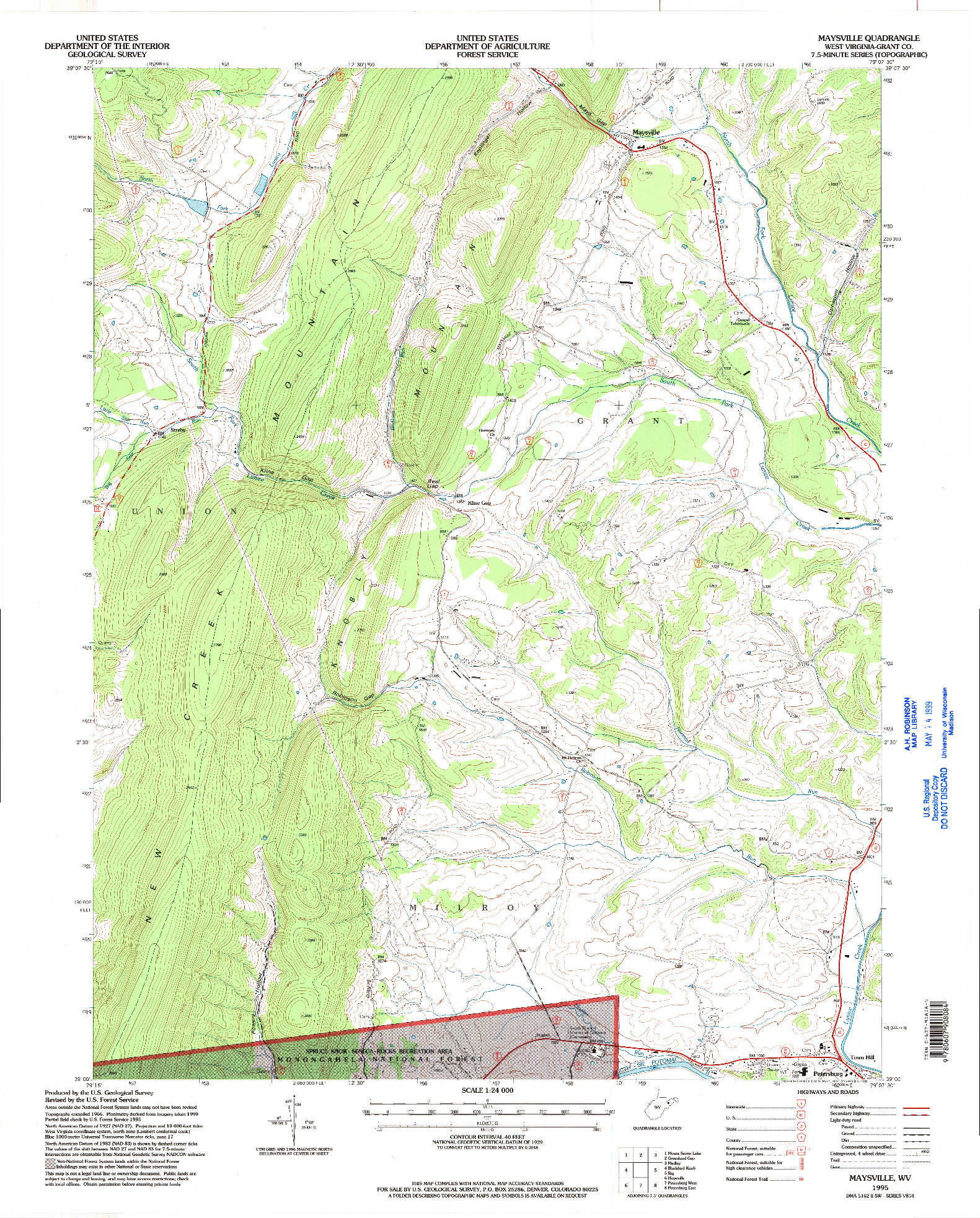 USGS 1:24000-SCALE QUADRANGLE FOR MAYSVILLE, WV 1995