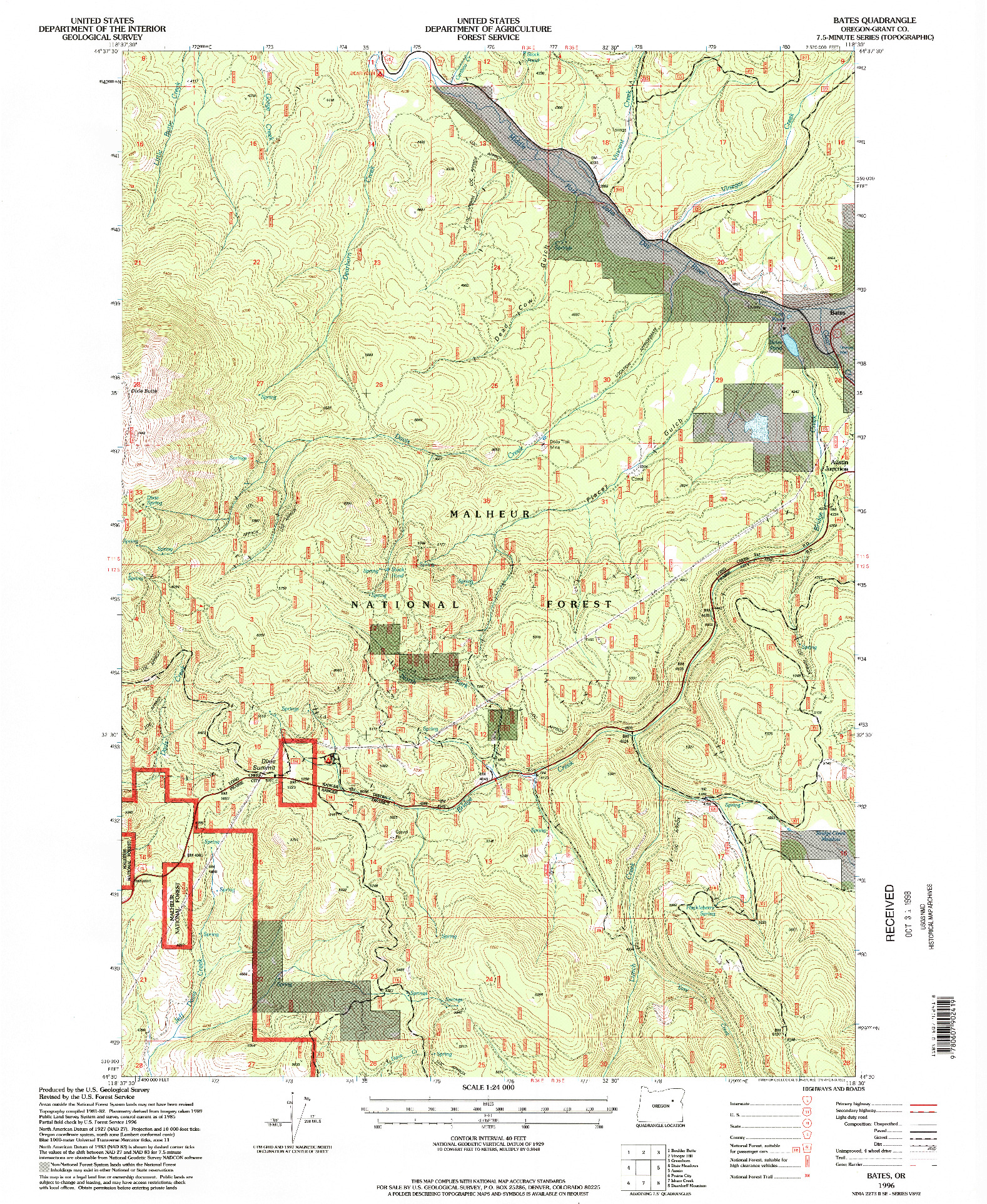 USGS 1:24000-SCALE QUADRANGLE FOR BATES, OR 1996