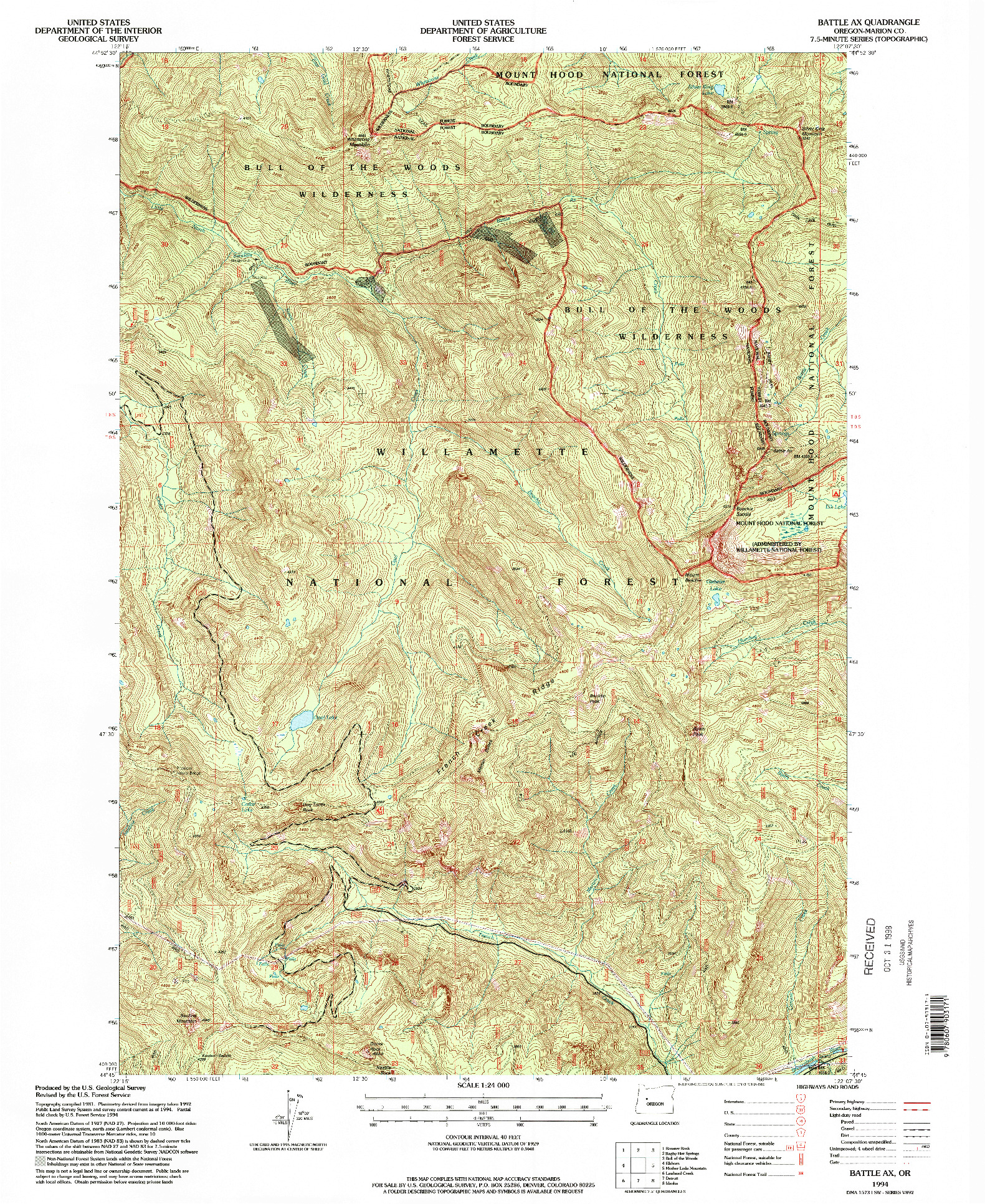 USGS 1:24000-SCALE QUADRANGLE FOR BATTLE AX, OR 1994