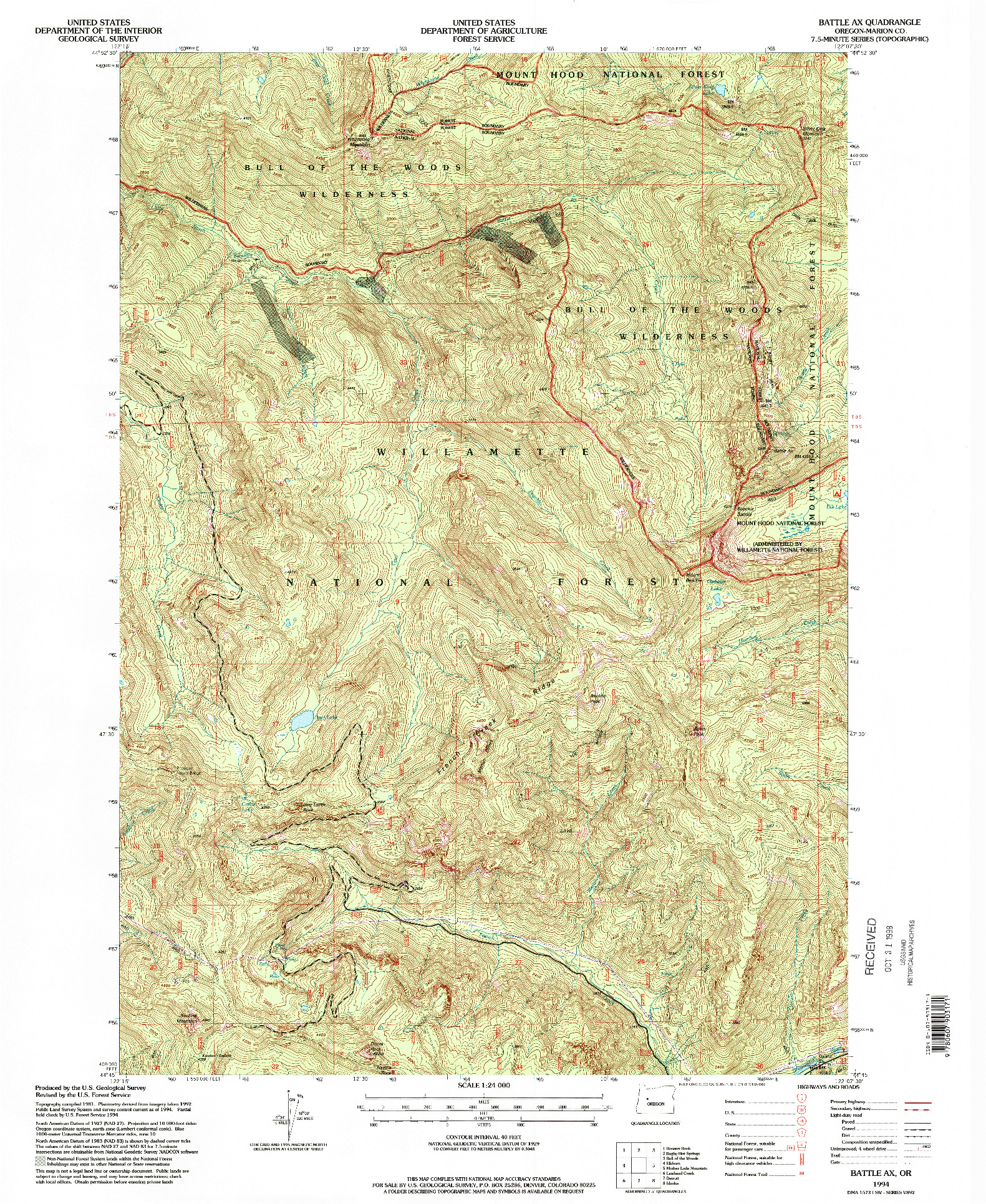 USGS 1:24000-SCALE QUADRANGLE FOR BATTLE AX, OR 1994
