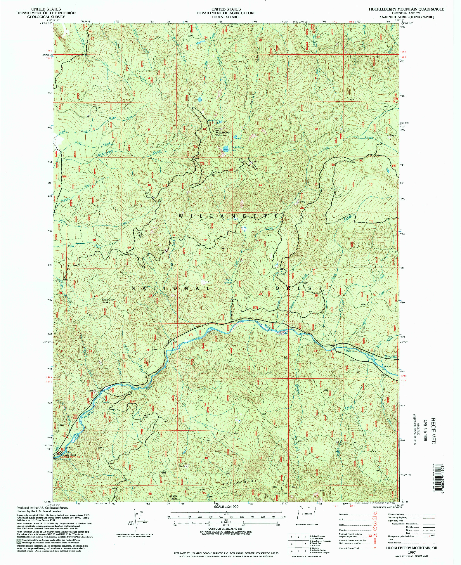 USGS 1:24000-SCALE QUADRANGLE FOR HUCKLEBERRY MOUNTAIN, OR 1997