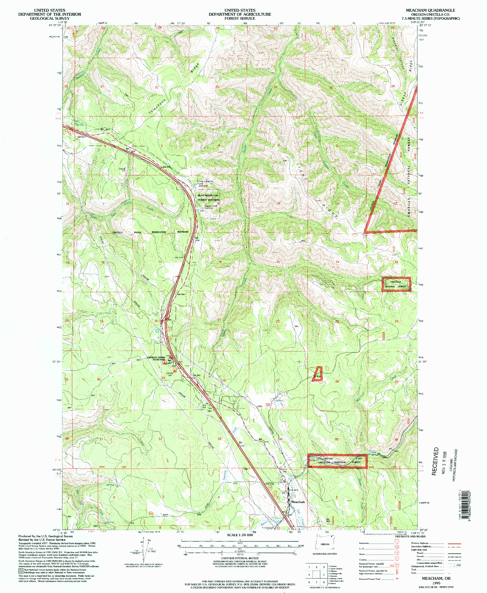 USGS 1:24000-SCALE QUADRANGLE FOR MEACHAM, OR 1995