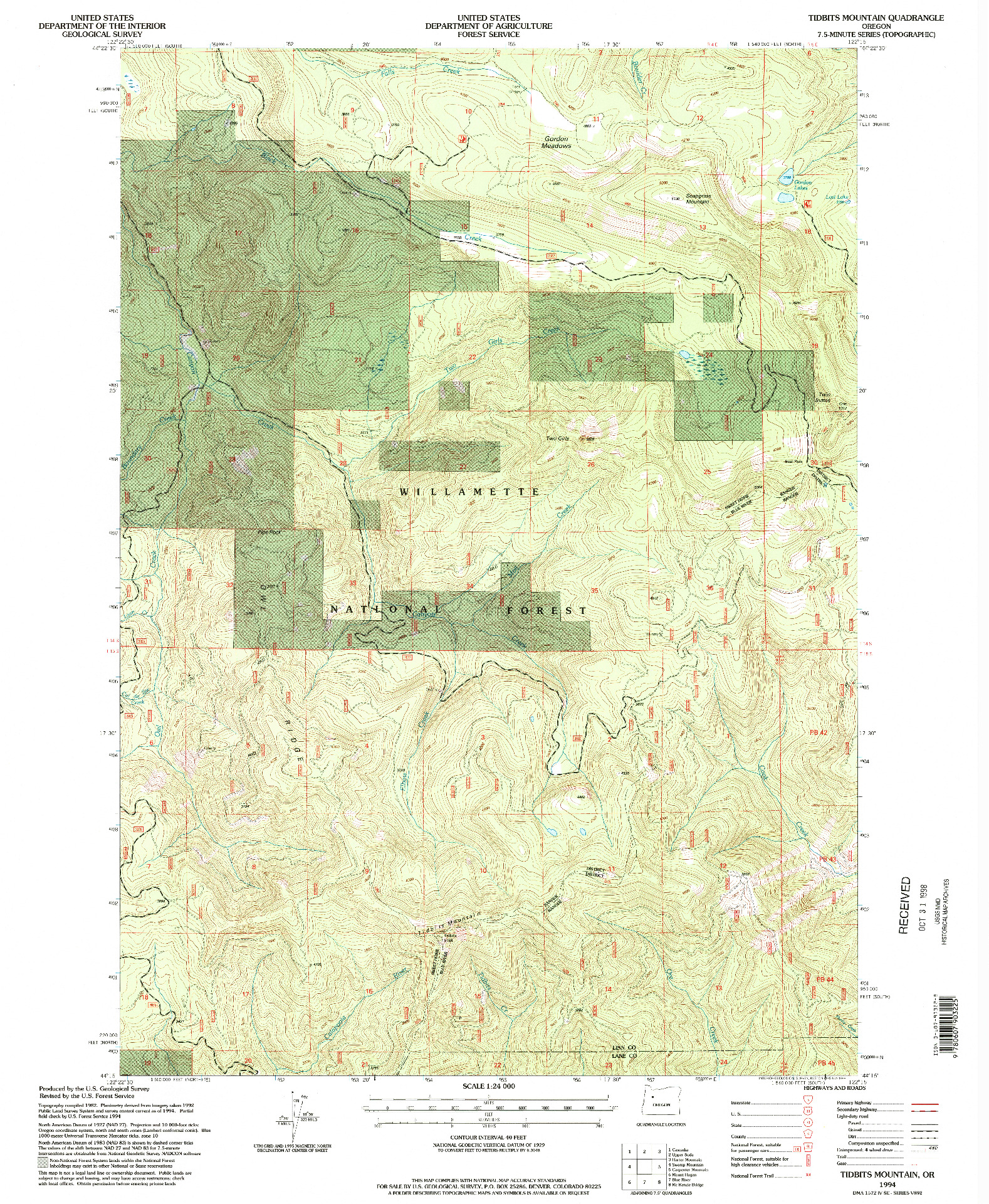 USGS 1:24000-SCALE QUADRANGLE FOR TIDBITS MOUNTAIN, OR 1994