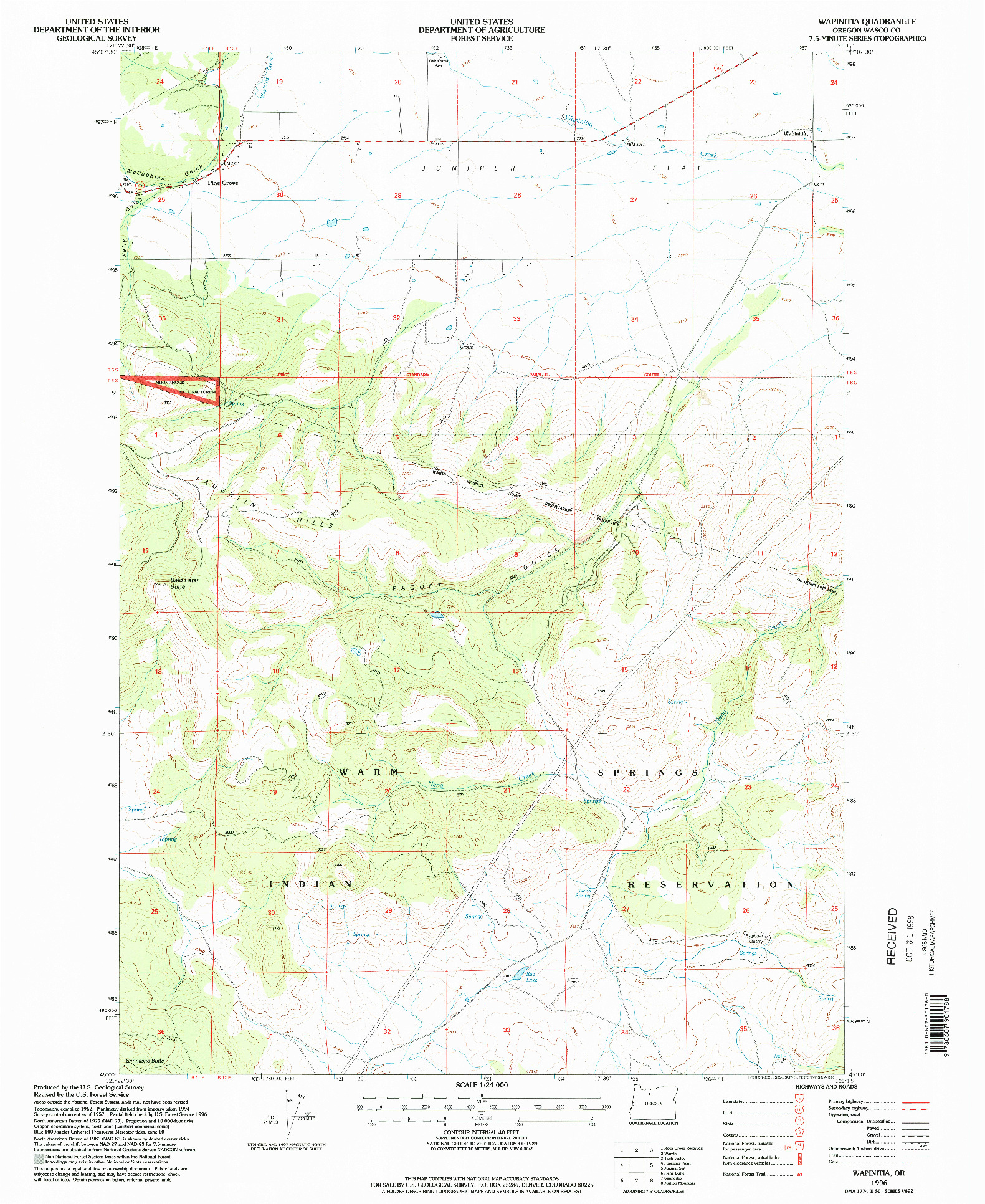 USGS 1:24000-SCALE QUADRANGLE FOR WAPINITIA, OR 1996