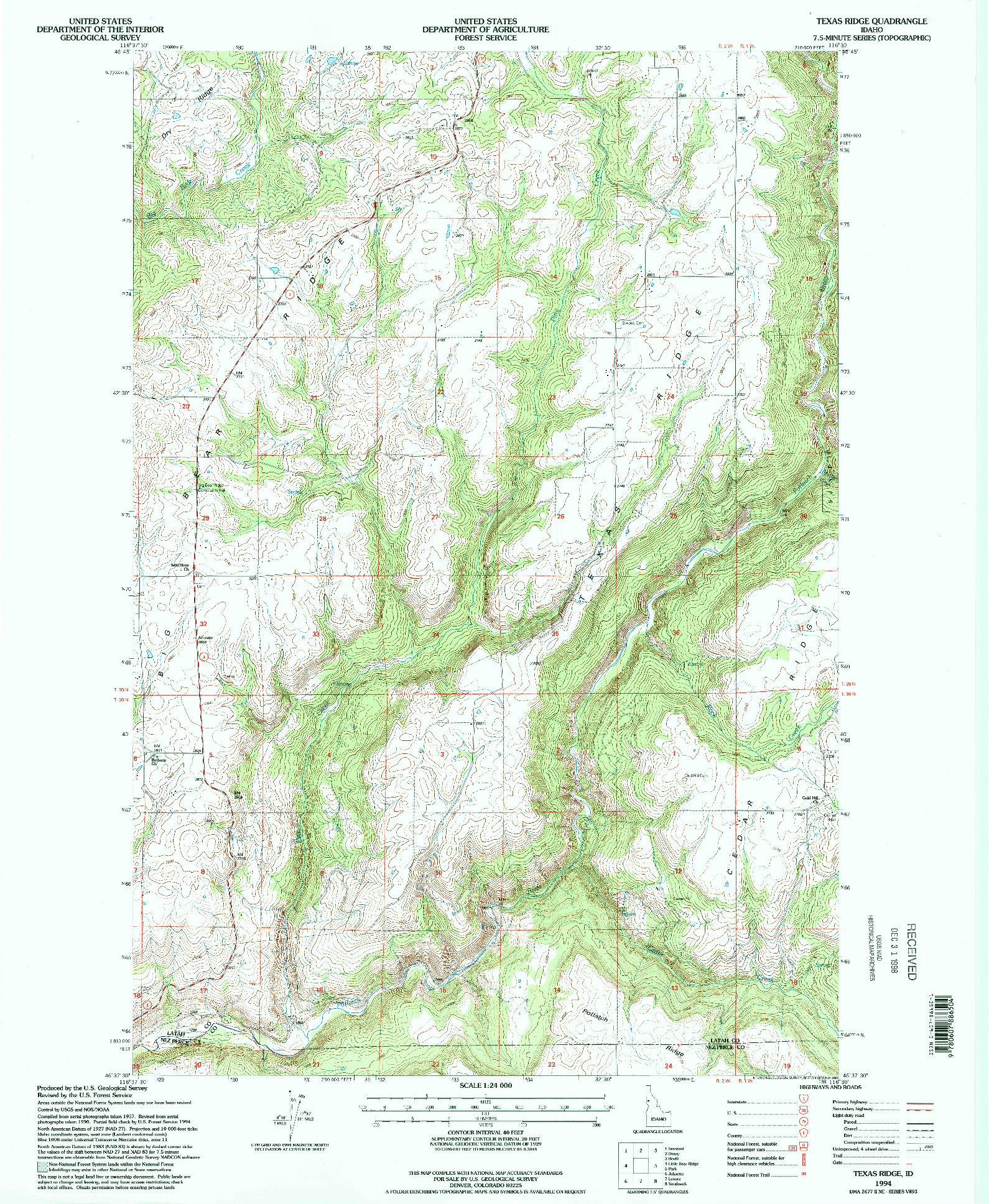 USGS 1:24000-SCALE QUADRANGLE FOR TEXAS RIDGE, ID 1994