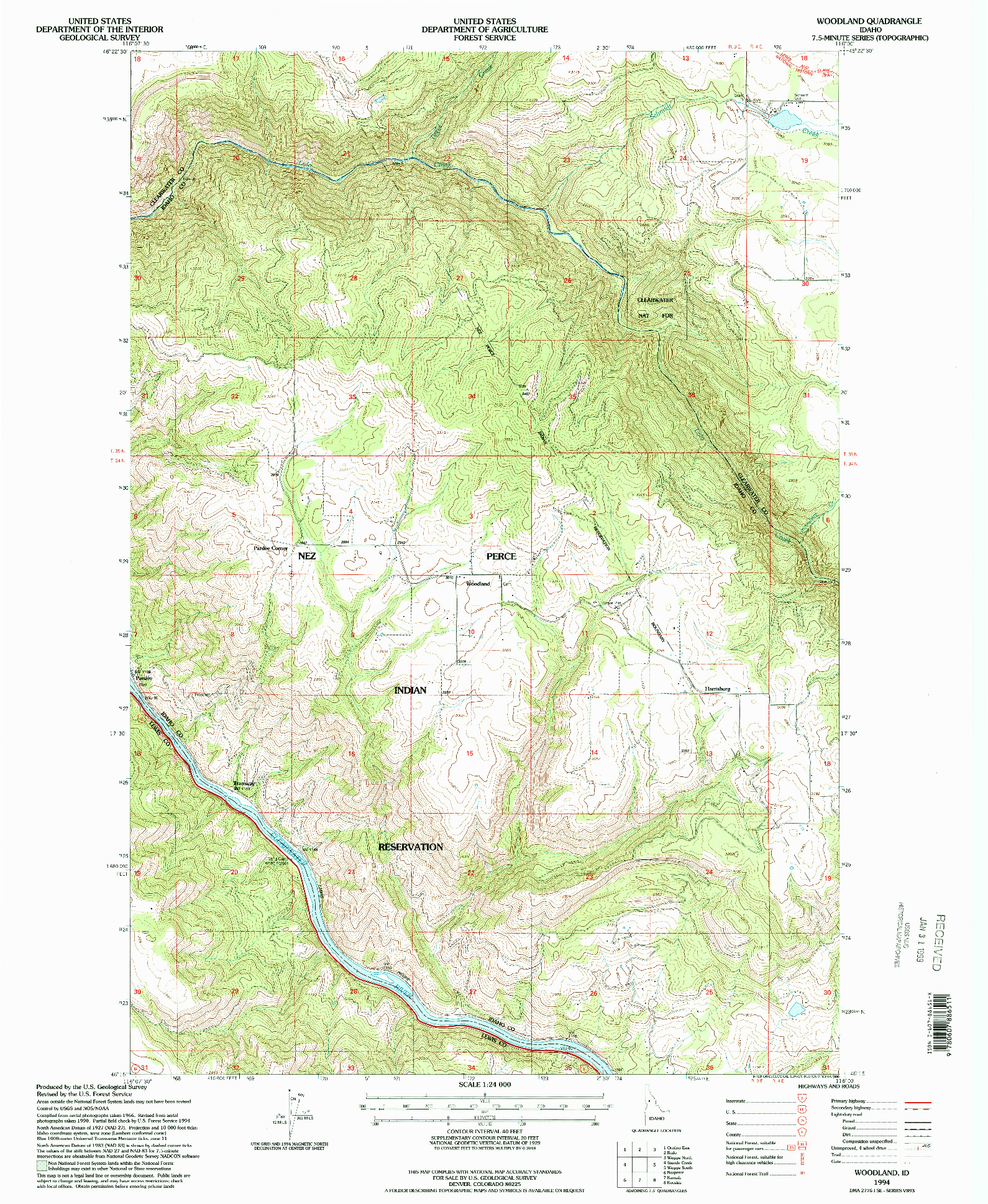 USGS 1:24000-SCALE QUADRANGLE FOR WOODLAND, ID 1994