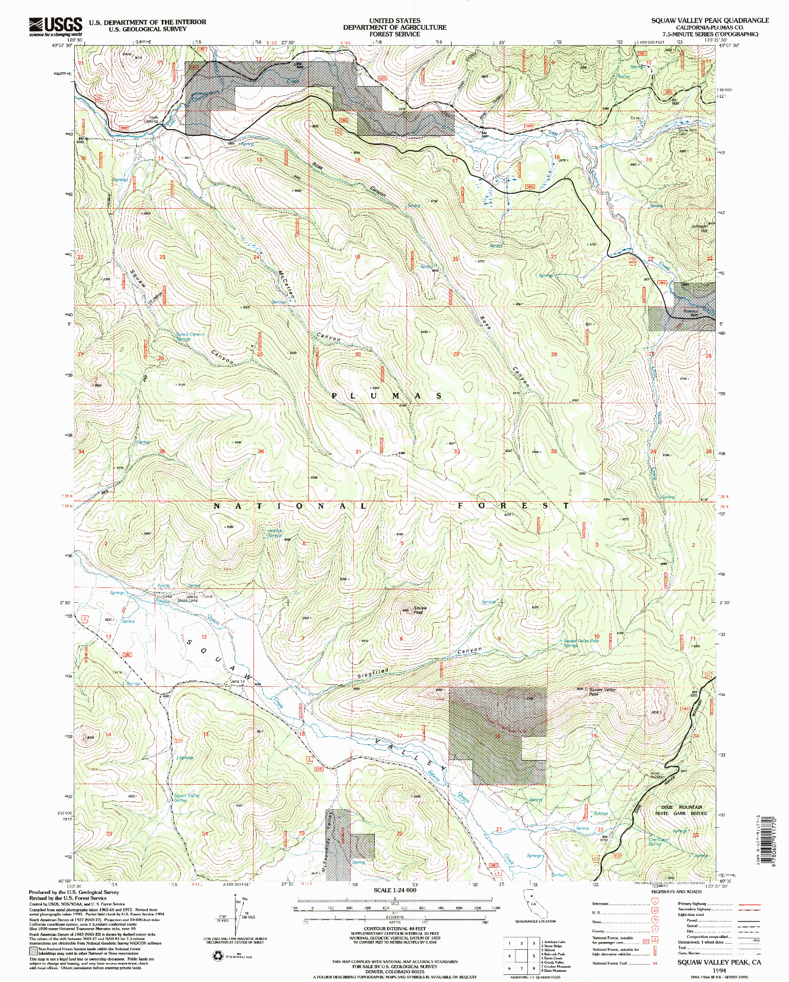 USGS 1:24000-SCALE QUADRANGLE FOR SQUAW VALLEY PEAK, CA 1994