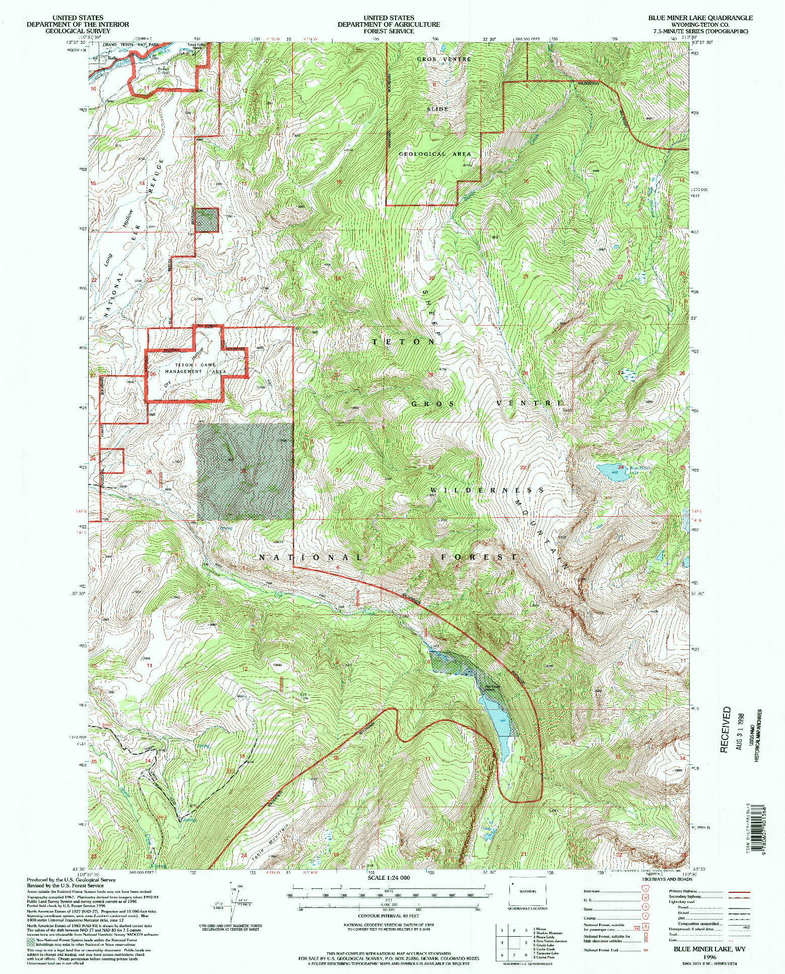 USGS 1:24000-SCALE QUADRANGLE FOR BLUE MINER LAKE, WY 1996