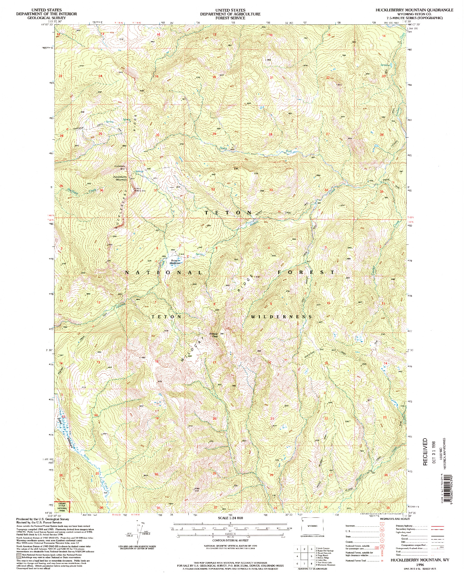 USGS 1:24000-SCALE QUADRANGLE FOR HUCKLEBERRY MOUNTAIN, WY 1996