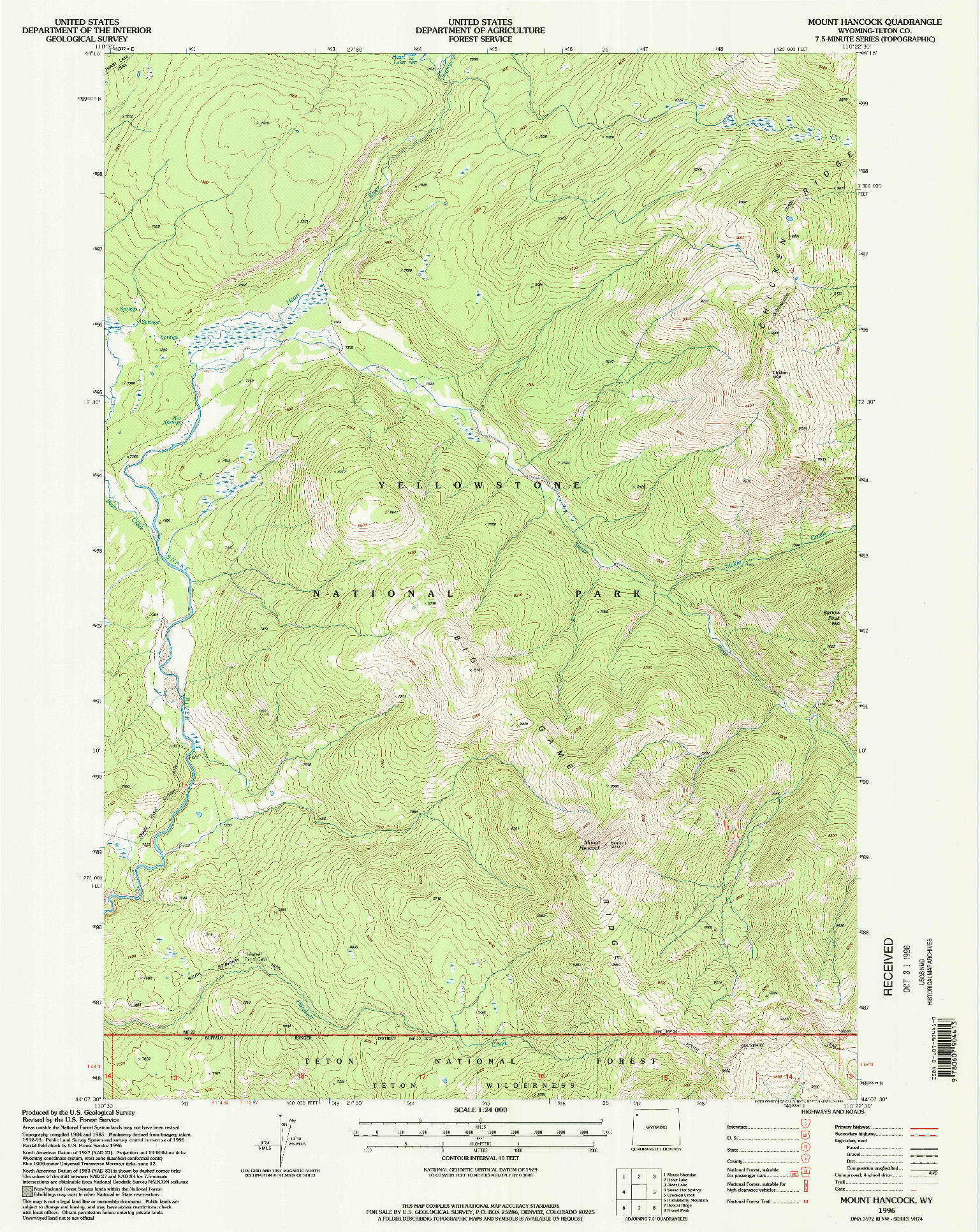 USGS 1:24000-SCALE QUADRANGLE FOR MOUNT HANCOCK, WY 1996