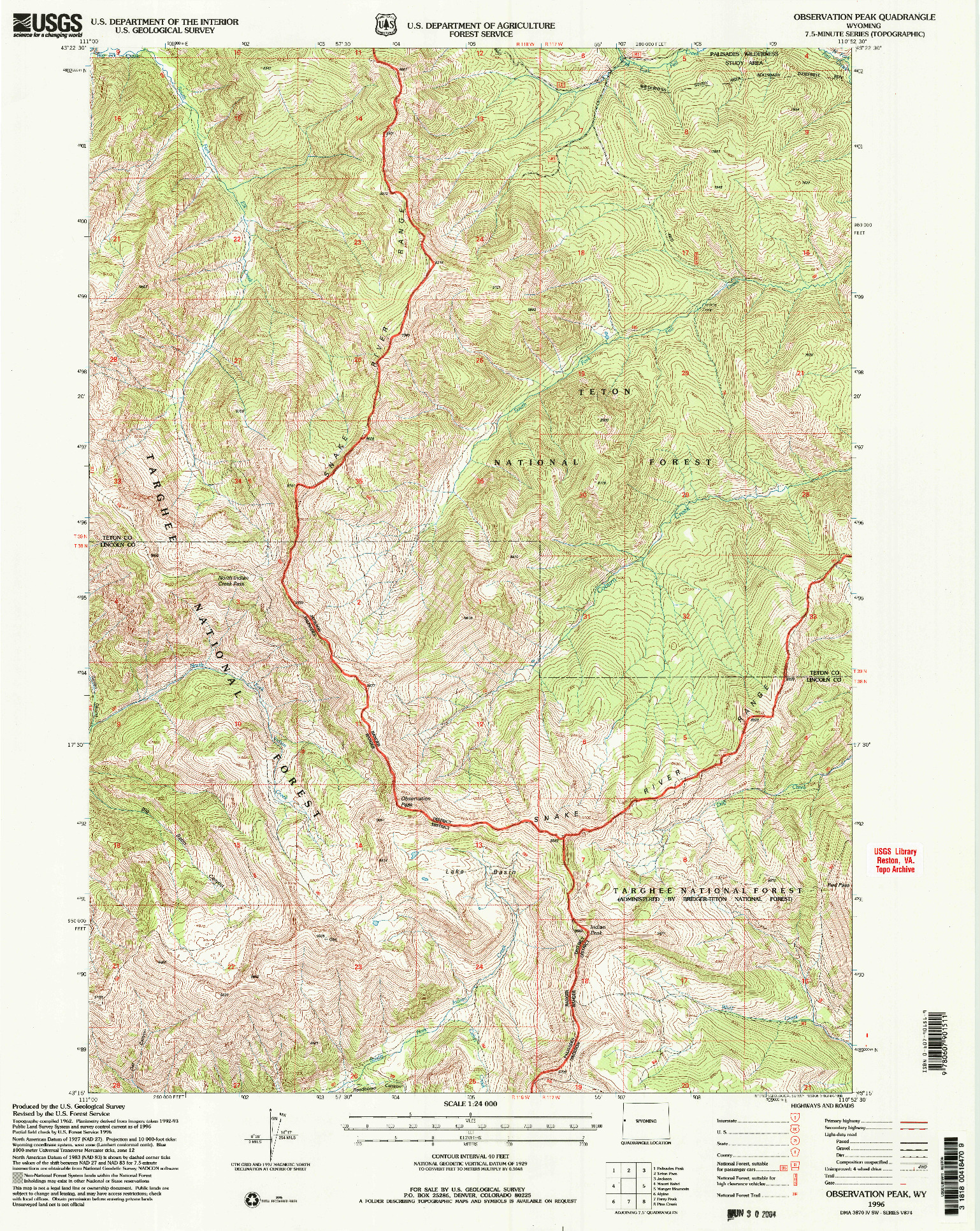 USGS 1:24000-SCALE QUADRANGLE FOR OBSERVATION PEAK, WY 1996