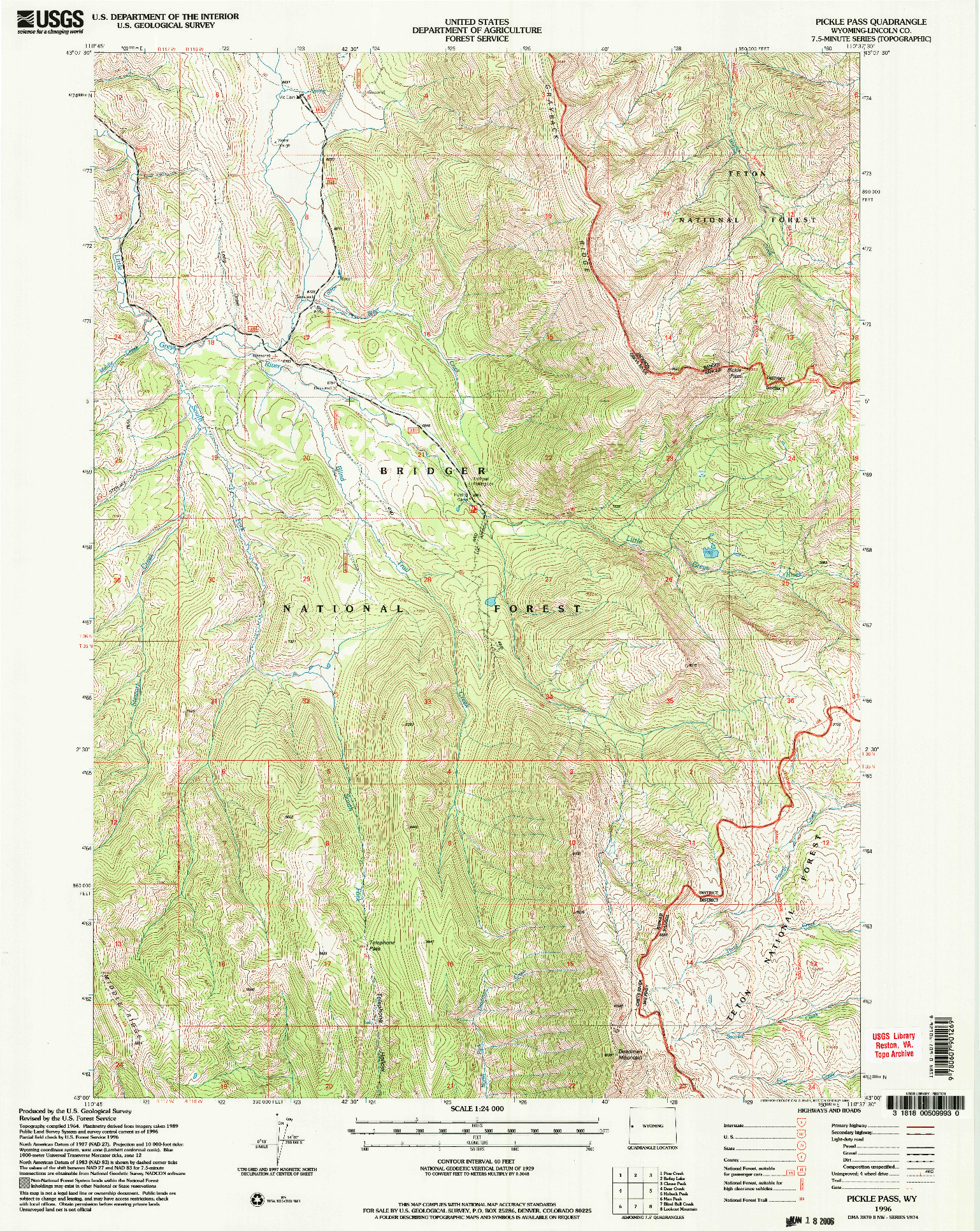 USGS 1:24000-SCALE QUADRANGLE FOR PICKLE PASS, WY 1996