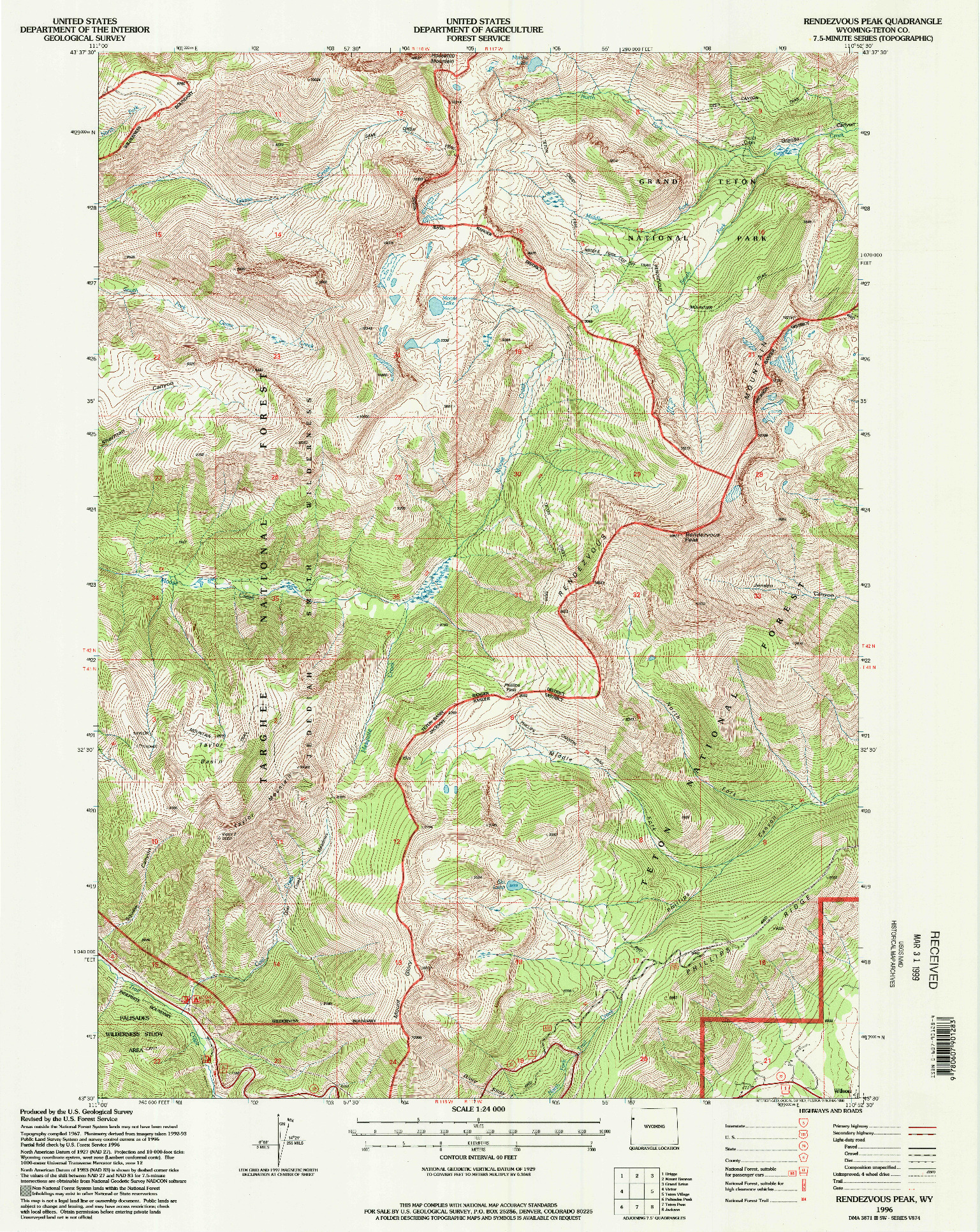 USGS 1:24000-SCALE QUADRANGLE FOR RENDEZVOUS PEAK, WY 1996