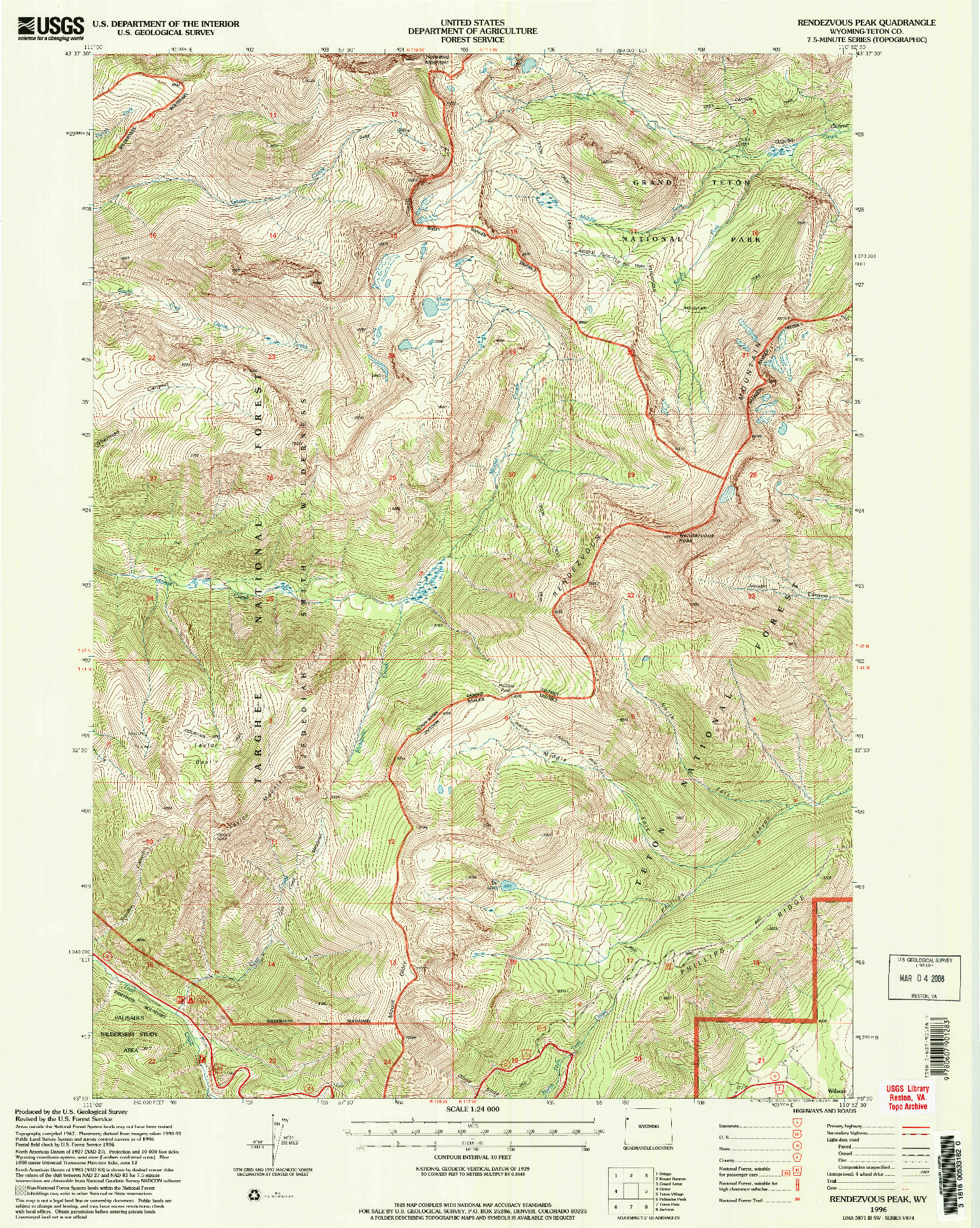 USGS 1:24000-SCALE QUADRANGLE FOR RENDEZVOUS PEAK, WY 1996