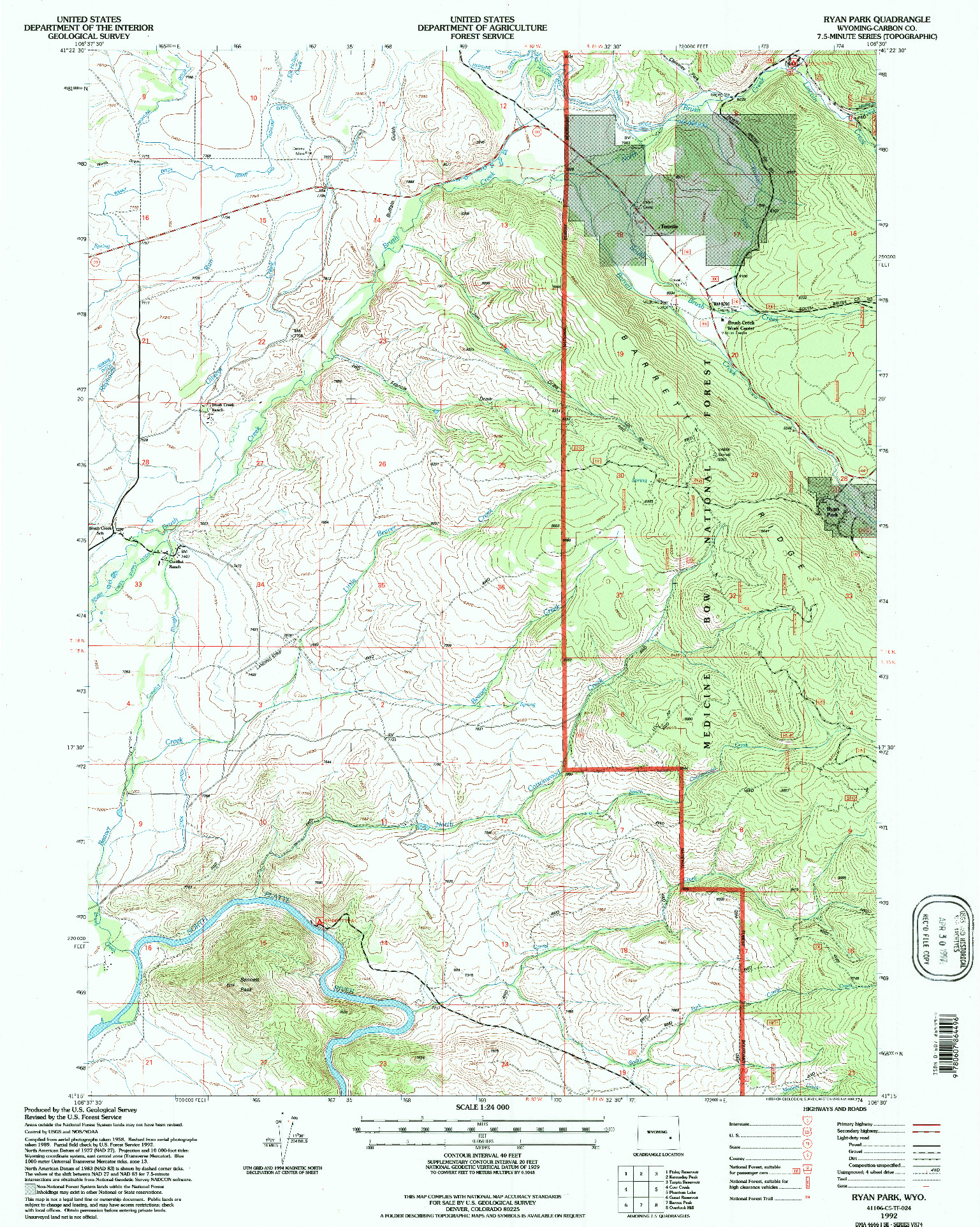 USGS 1:24000-SCALE QUADRANGLE FOR RYAN PARK, WY 1992