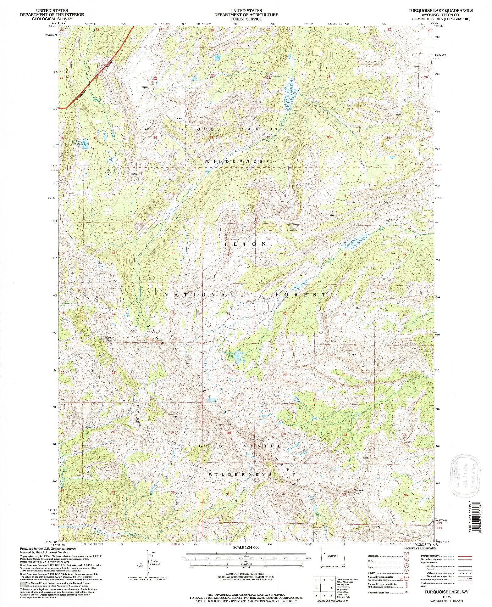 USGS 1:24000-SCALE QUADRANGLE FOR TURQUOISE LAKE, WY 1996