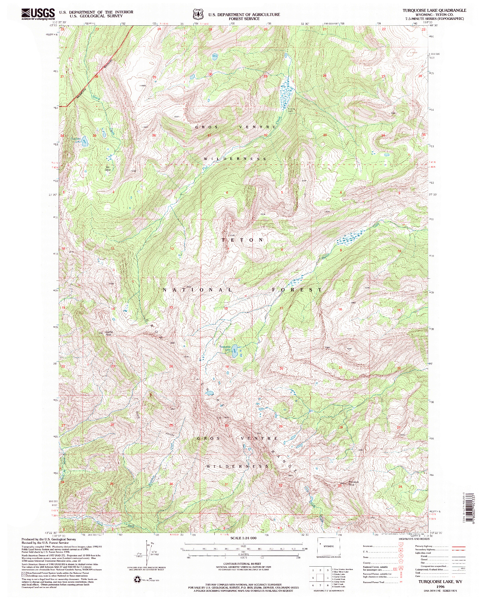 USGS 1:24000-SCALE QUADRANGLE FOR TURQUOISE LAKE, WY 1996