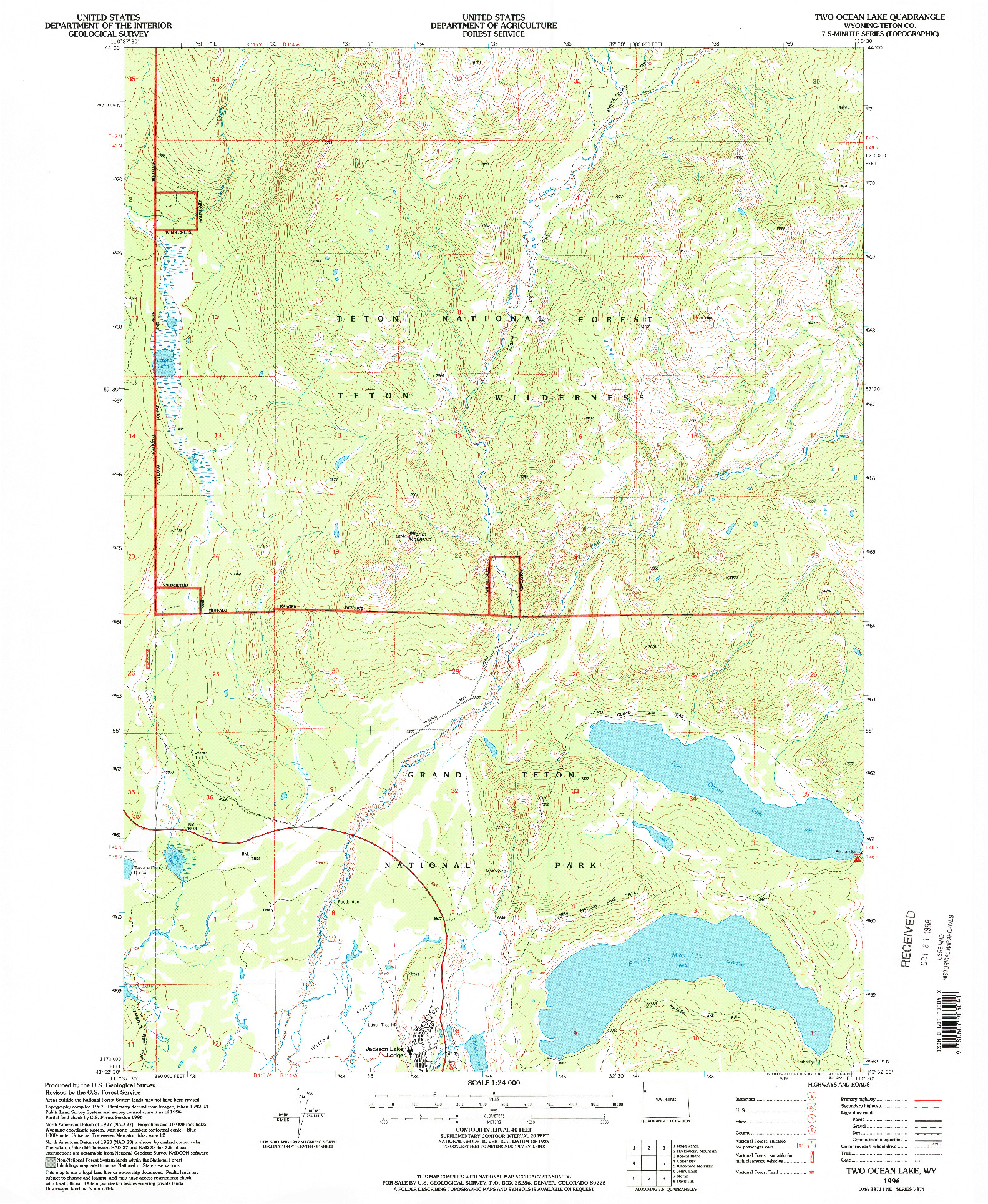 USGS 1:24000-SCALE QUADRANGLE FOR TWO OCEAN LAKE, WY 1996