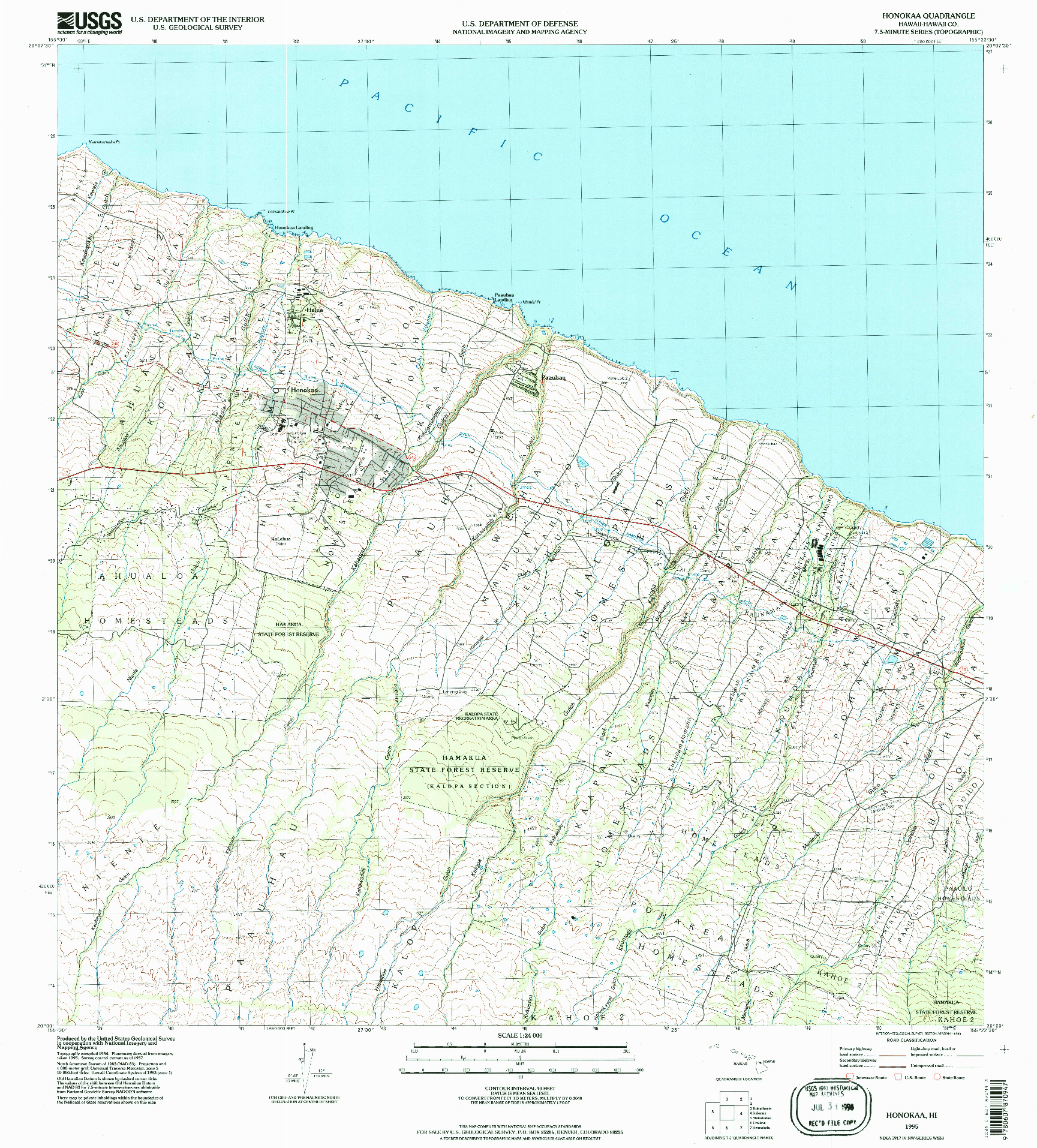 USGS 1:24000-SCALE QUADRANGLE FOR HONOKAA, HI 1995