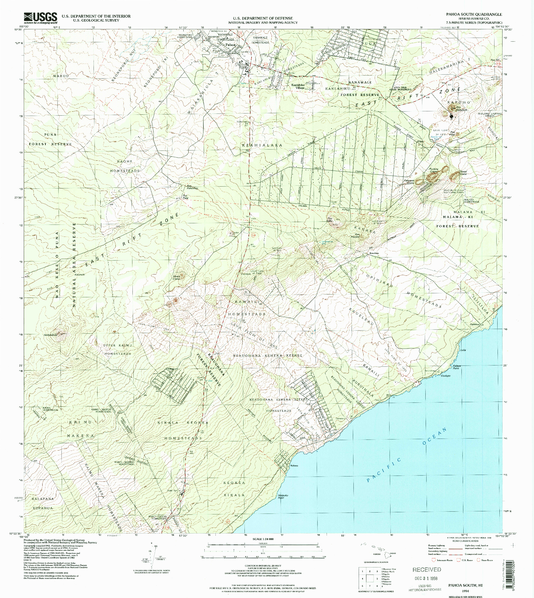 USGS 1:24000-SCALE QUADRANGLE FOR PAHOA SOUTH, HI 1994