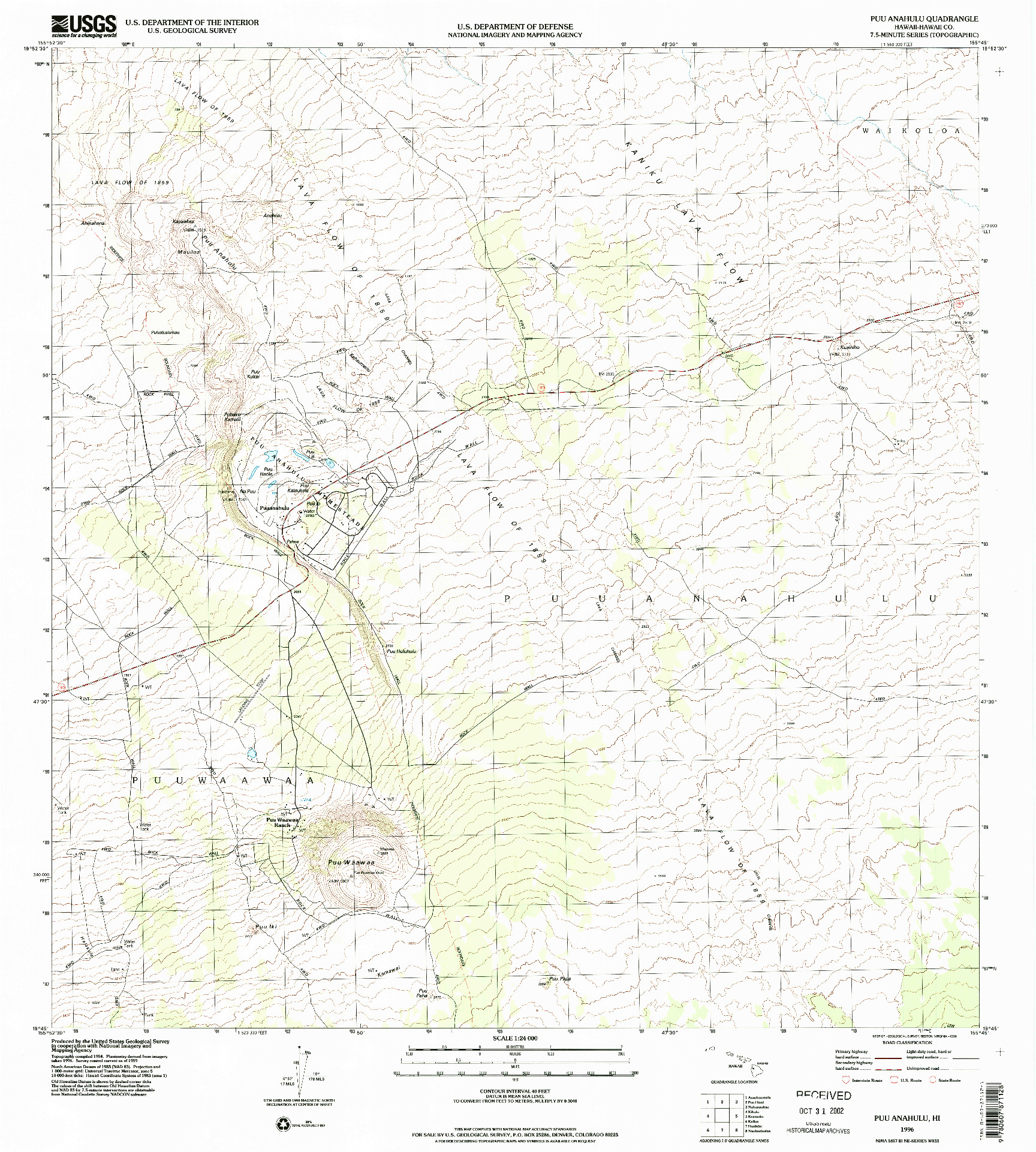 USGS 1:24000-SCALE QUADRANGLE FOR PUU ANAHULU, HI 1996