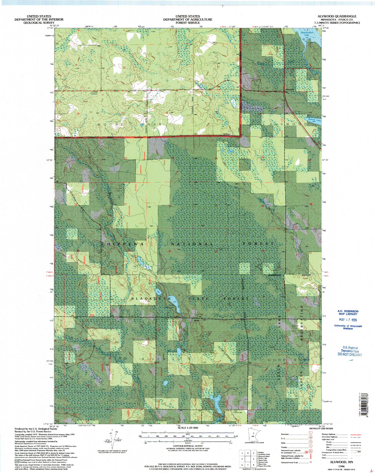 USGS 1:24000-SCALE QUADRANGLE FOR ALVWOOD, MN 1996