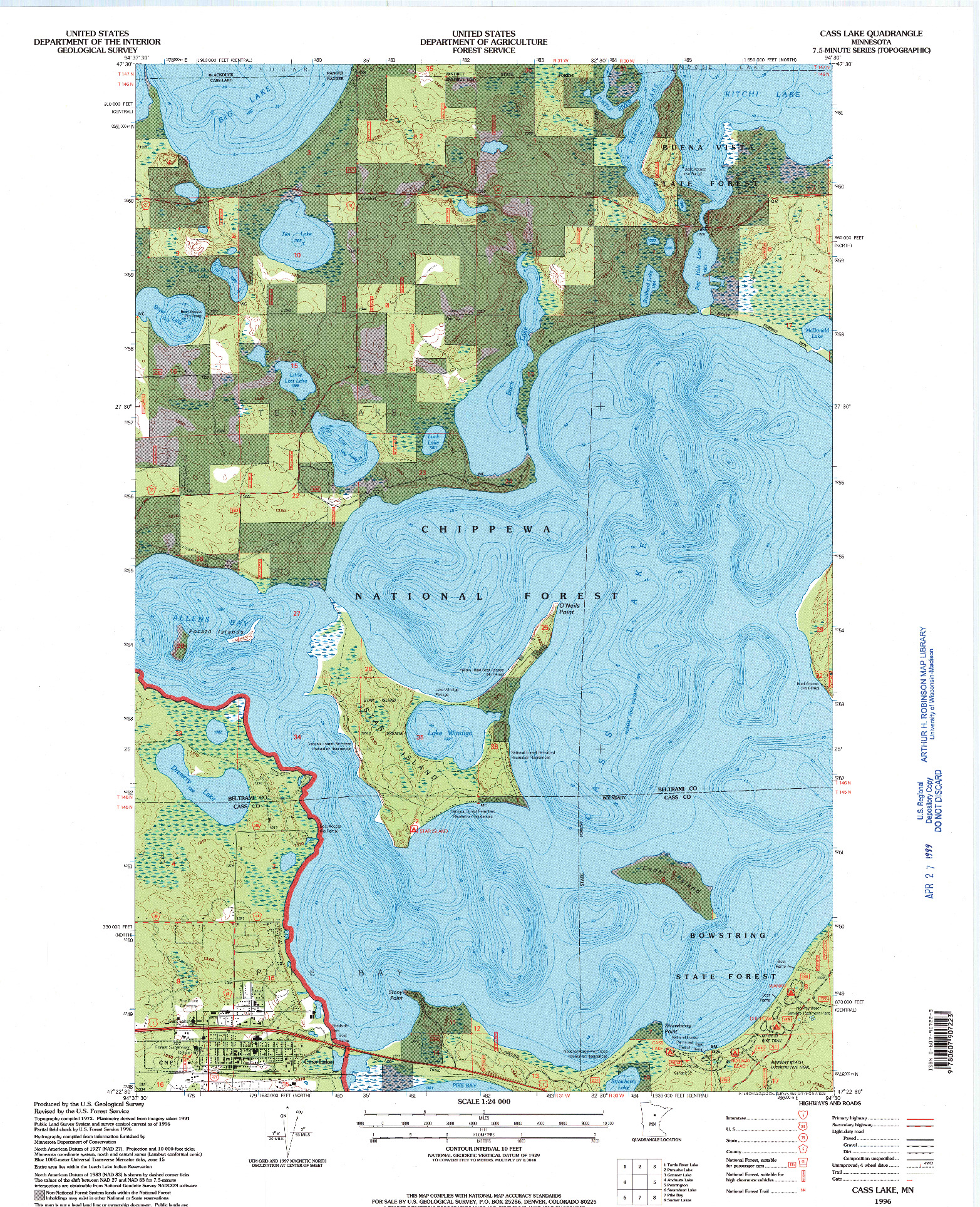 USGS 1:24000-SCALE QUADRANGLE FOR CASS LAKE, MN 1996