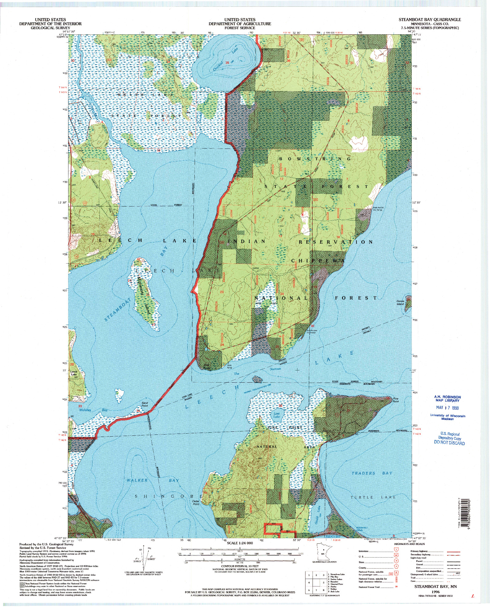 USGS 1:24000-SCALE QUADRANGLE FOR STEAMBOAT BAY, MN 1996